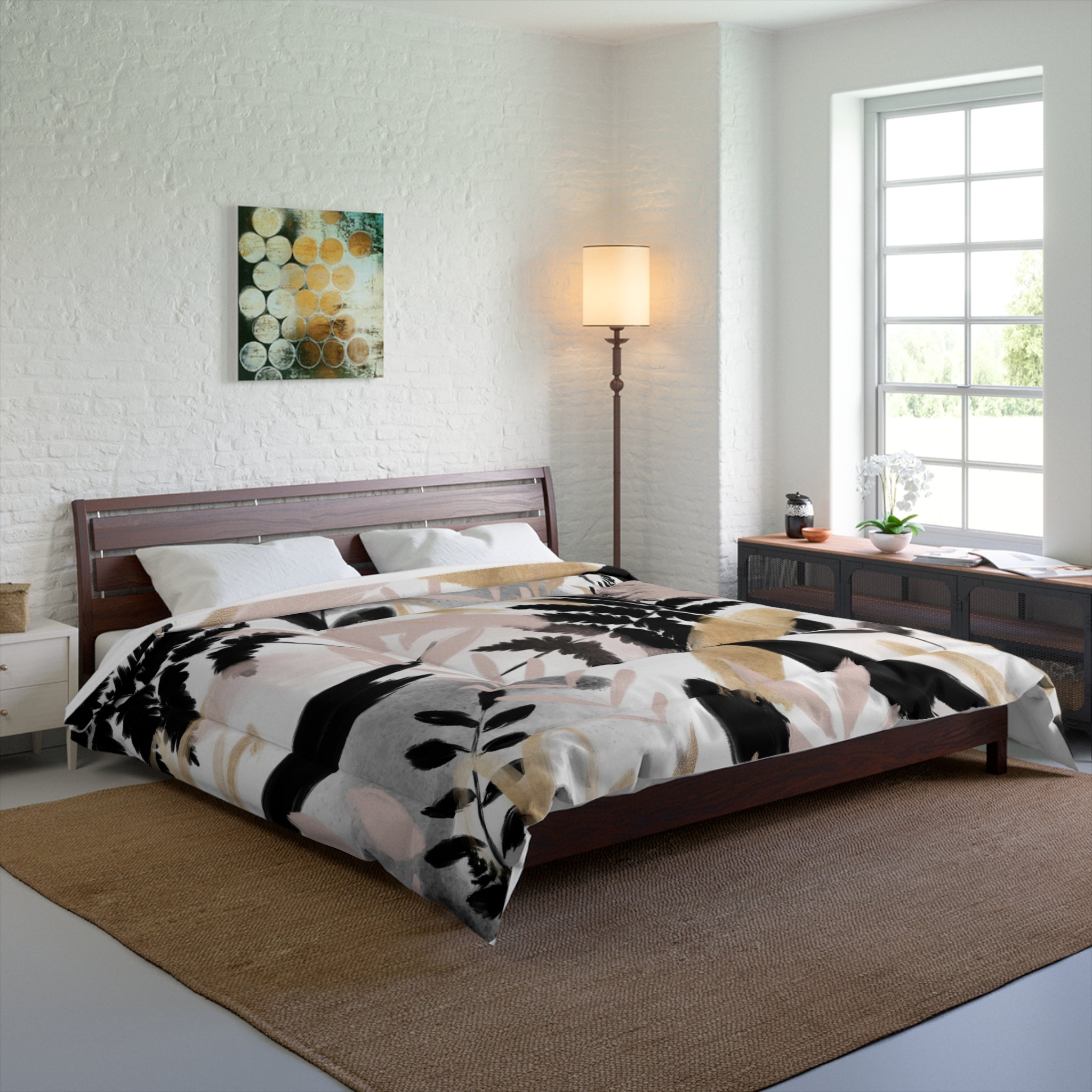 Floral Comforter | White Pink, Black Beige