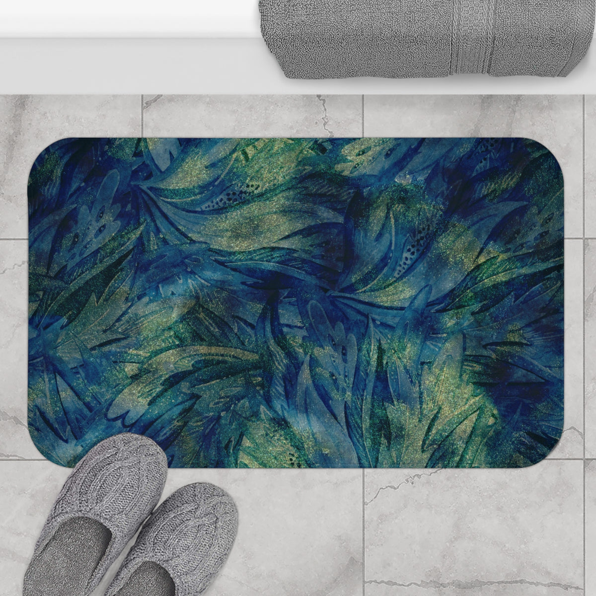 Navy Olive Abstract Leaf Bath Mat, Kitchen Mat