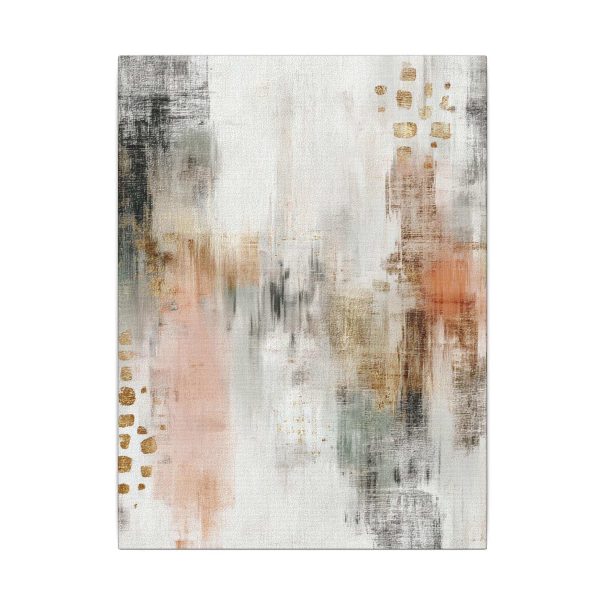 The image is an abstract painting with a textured, layered appearance. The colors used are predominantly white, gray, and peach, with some gold accents. The painting does not contain any discernible objects or specific actions, and it does not depict a scene or represent a photograph. The image is a single, cohesive piece of art.
