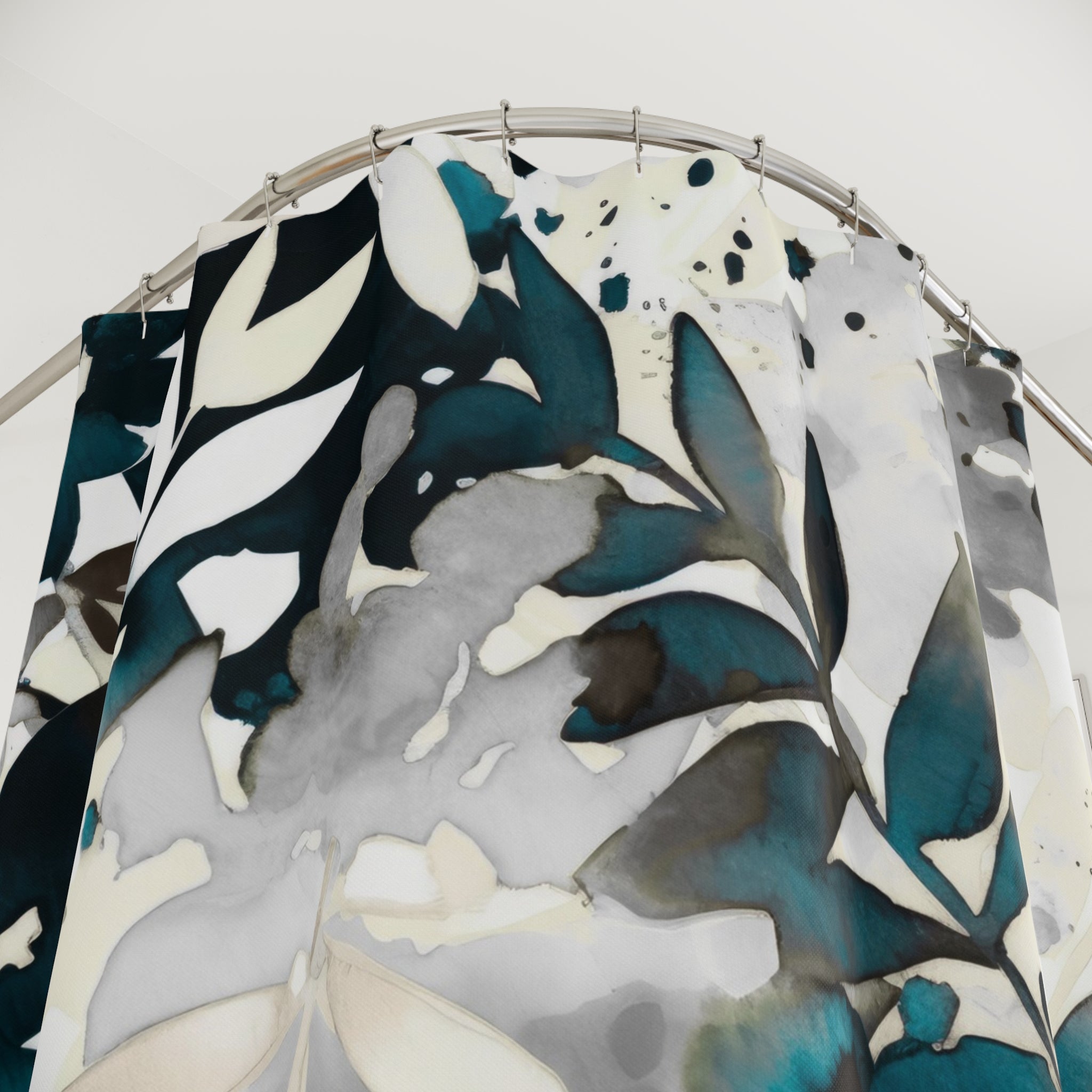 Boho Shower Curtain | Teal Blue White Floral Watercolor