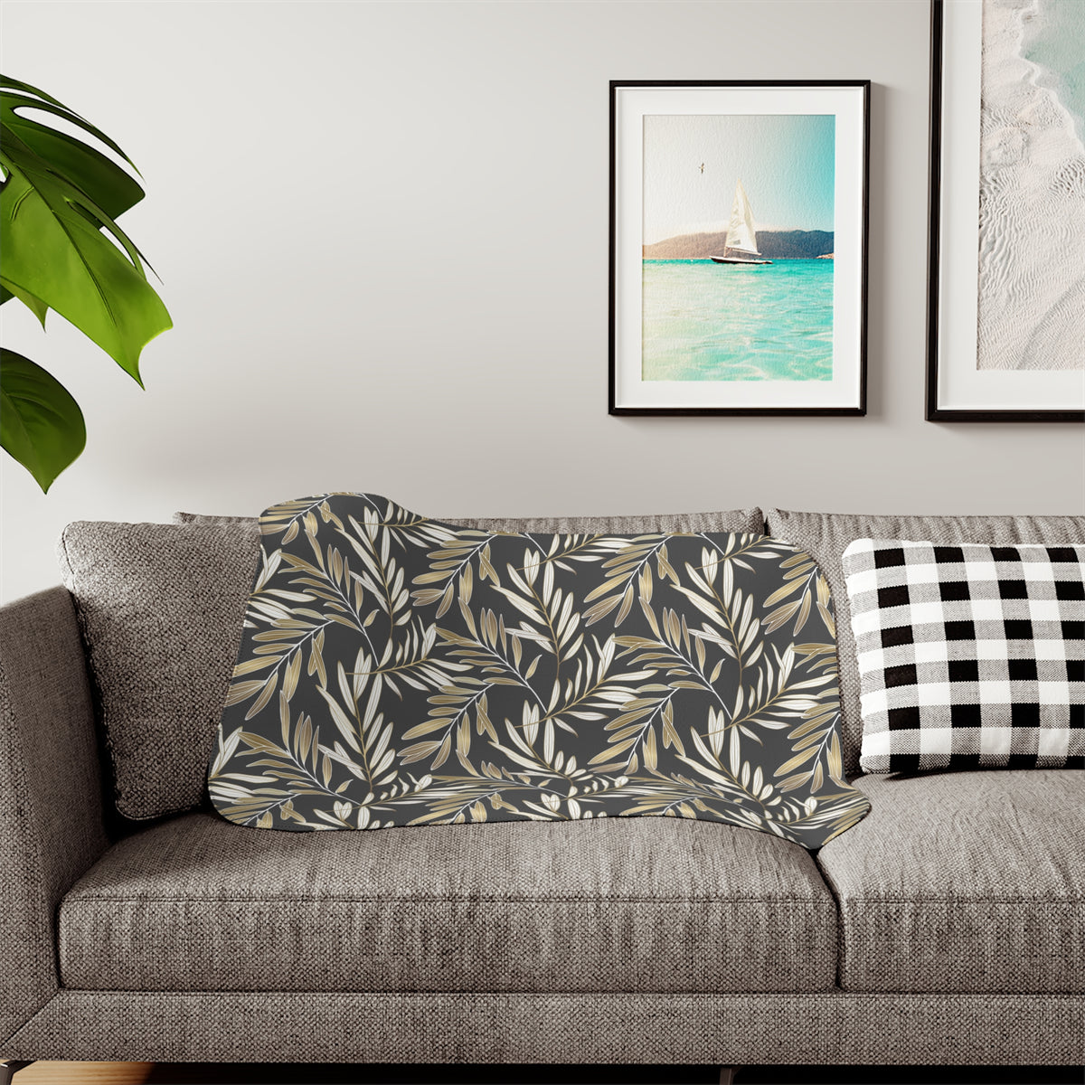 Charcoal Muted Gold Willow Leaf Sherpa Blanket | Elegant Throw
