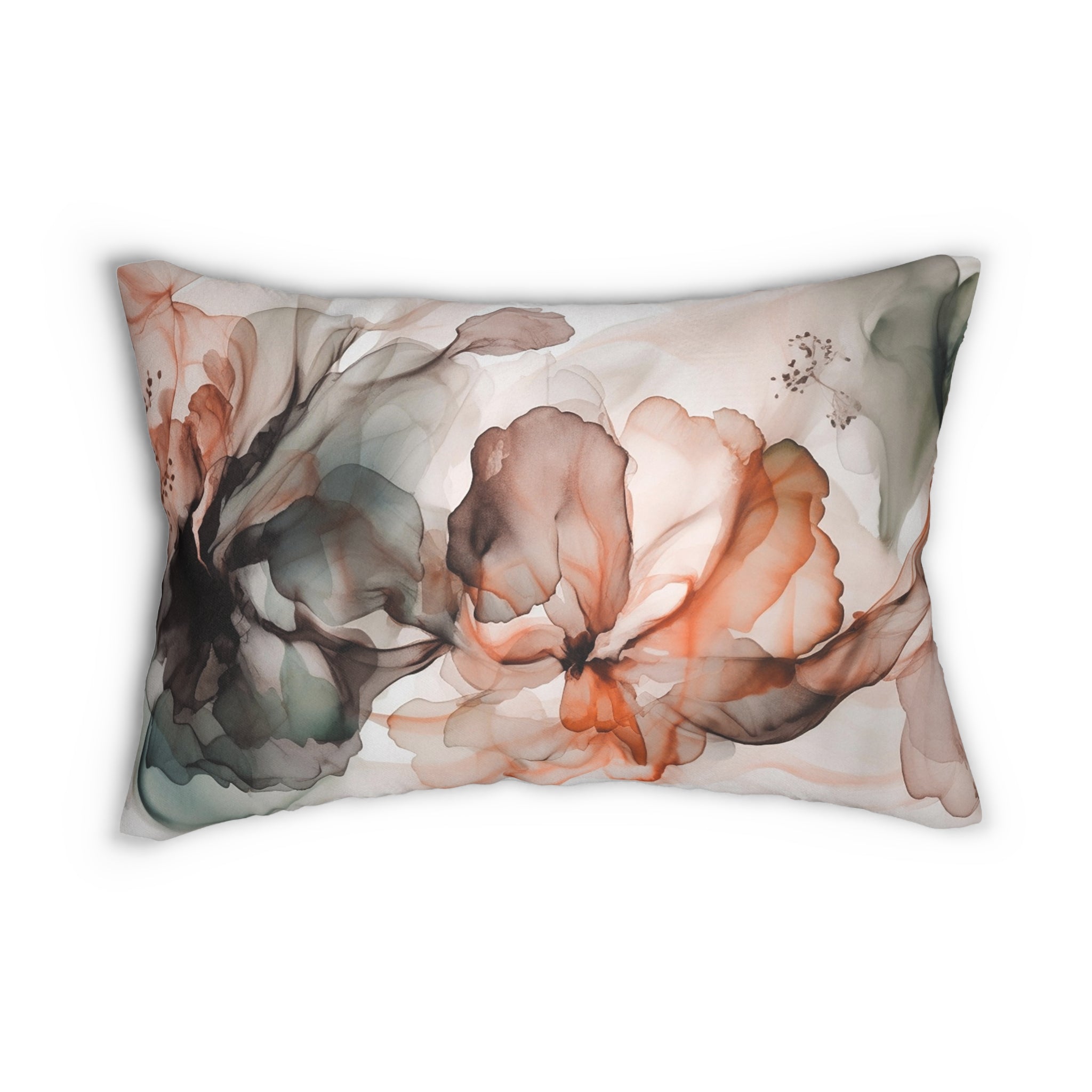 Abstract Floral Lumbar Pillow | Alcohol Ink, Orange Grey White Watercolor