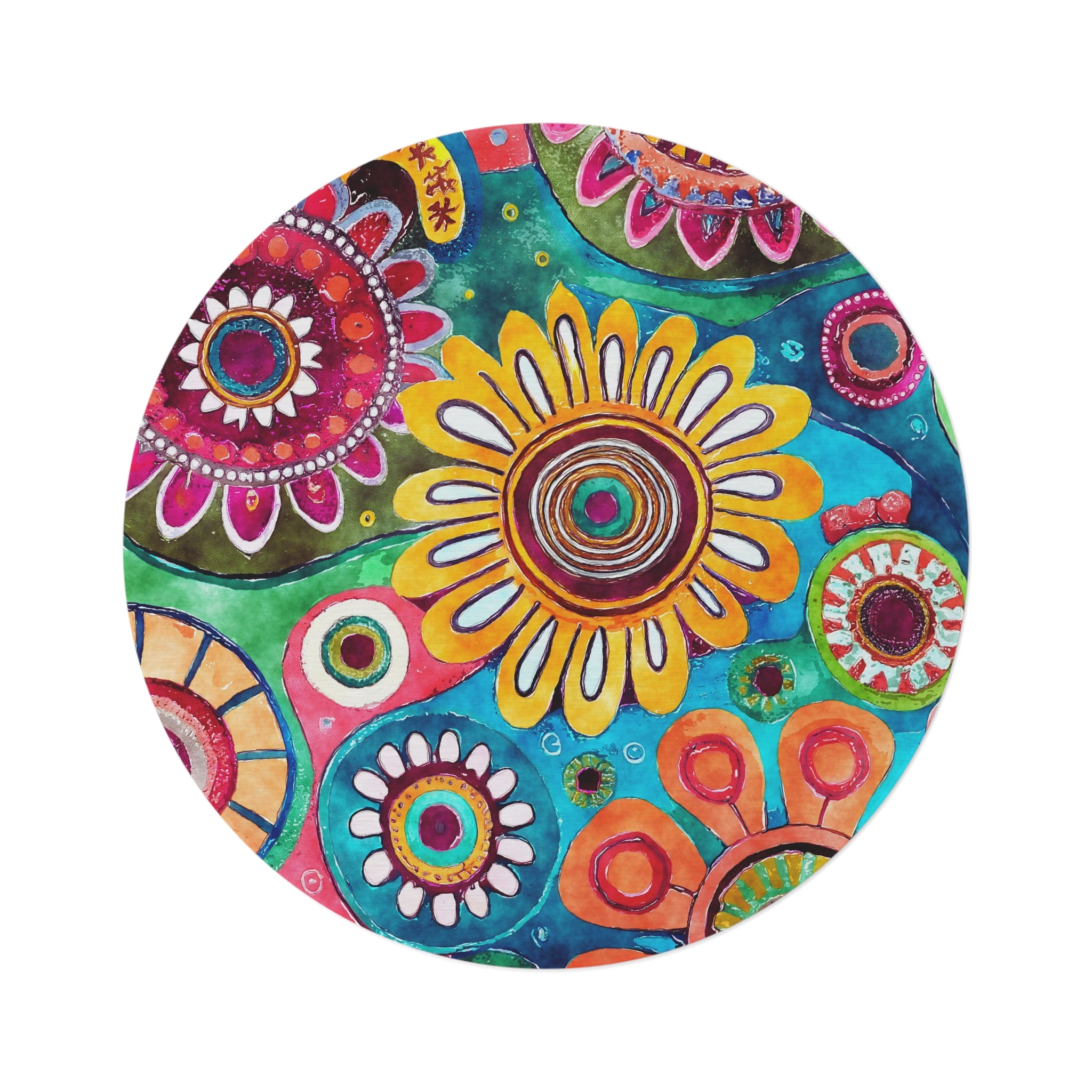 Colorful Funky Round Area Rug | Wildflowers, Yellow Pink blue