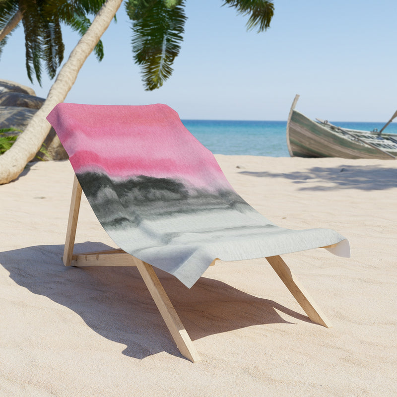 Abstract Boho Bath Beach Towel | Pink, Gray Black Ombre, Landscape
