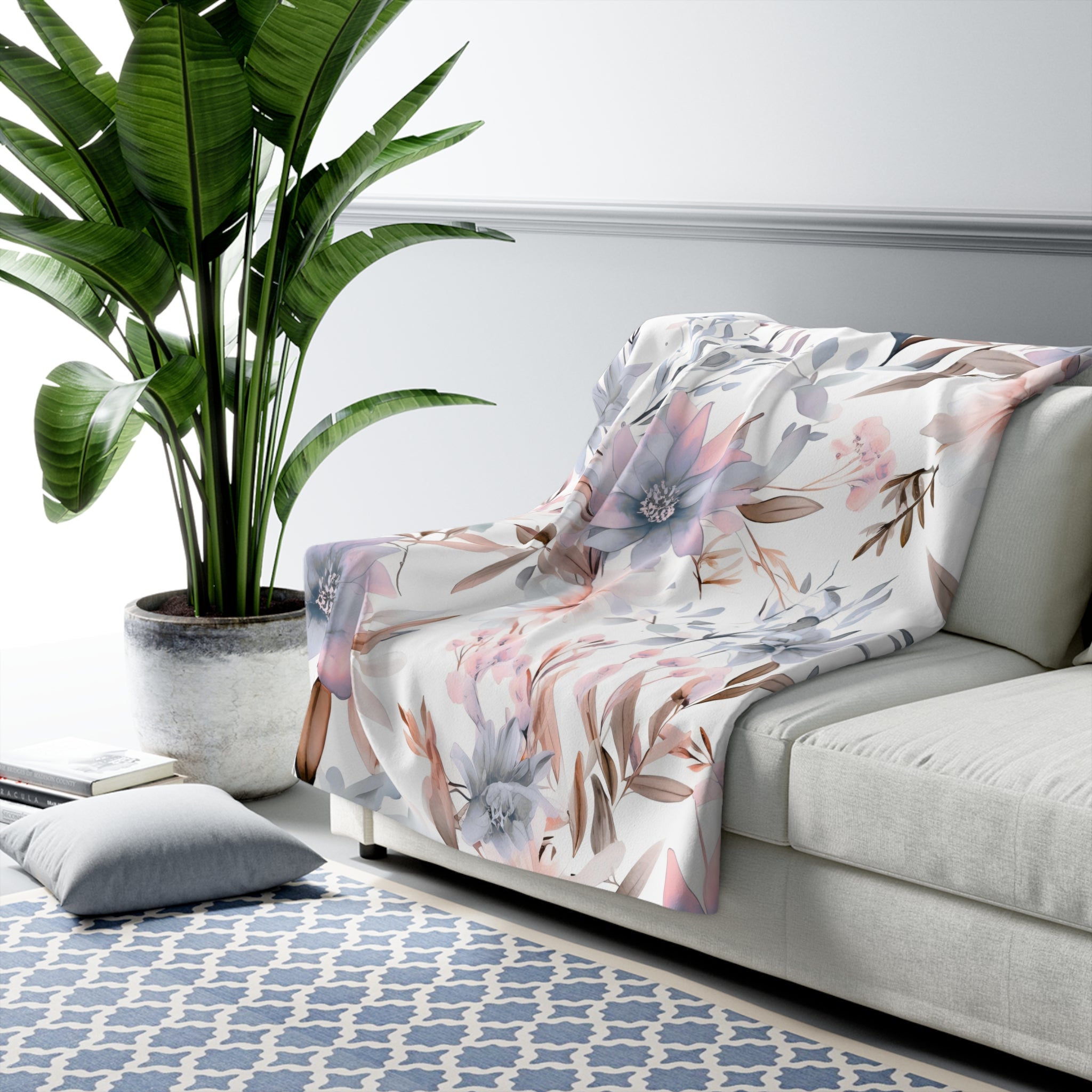 Floral Throw Blanket | White Blush Pink, Pale Blue Beige