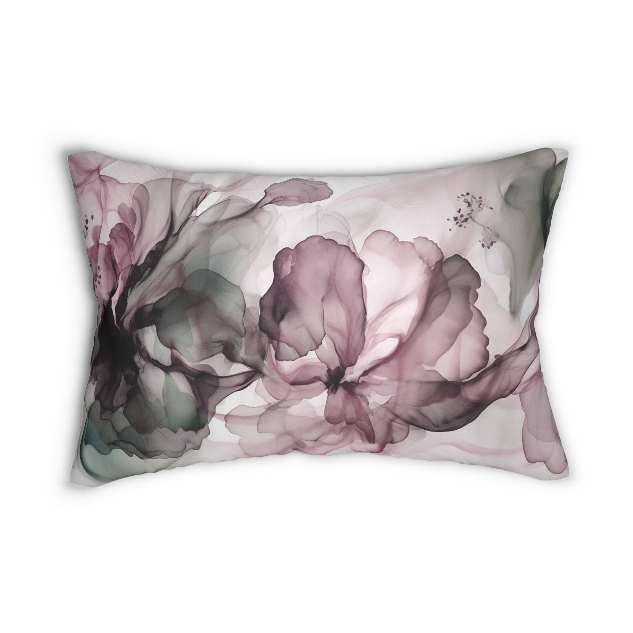 Abstract Floral Lumbar Pillow | Alcohol Ink, Mauve Grey White Watercolor