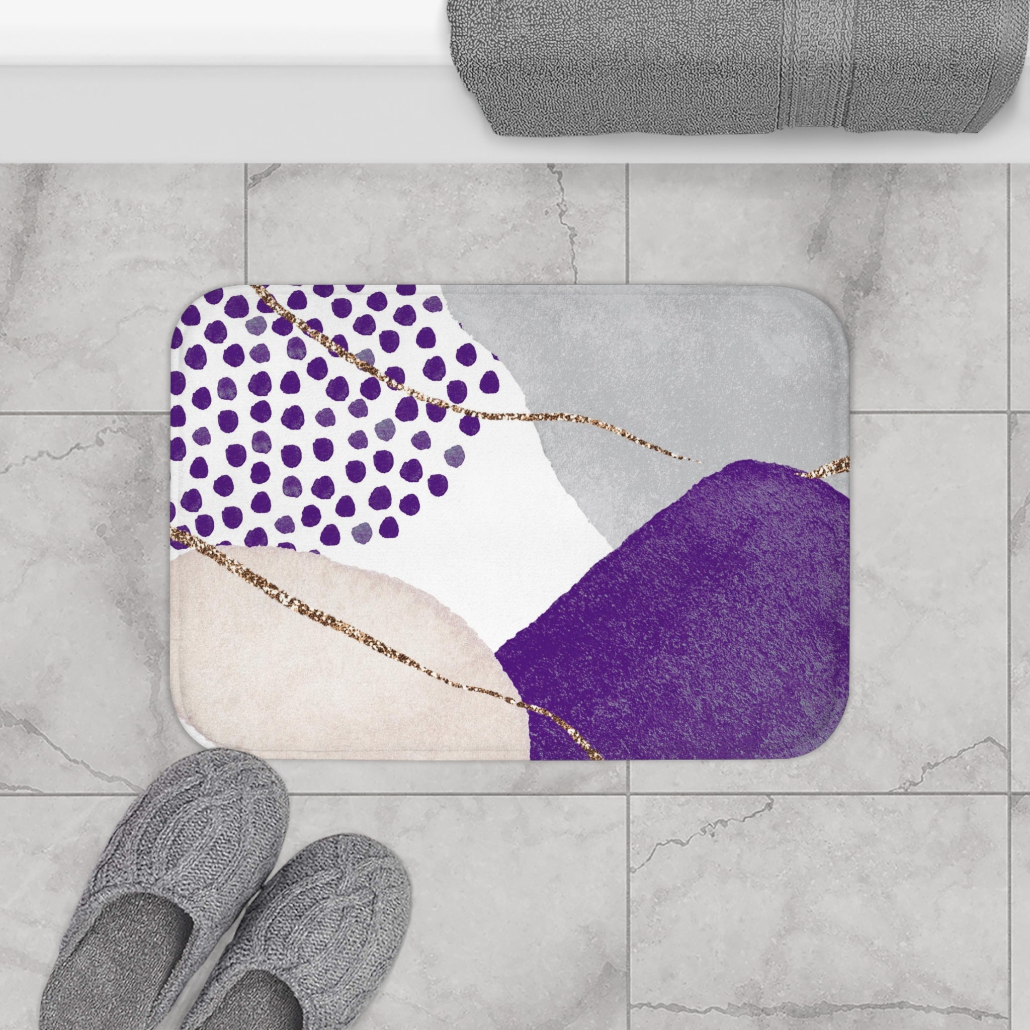 Boho Abstract Bath Mat | Modern Grey, Lilac Purple Beige