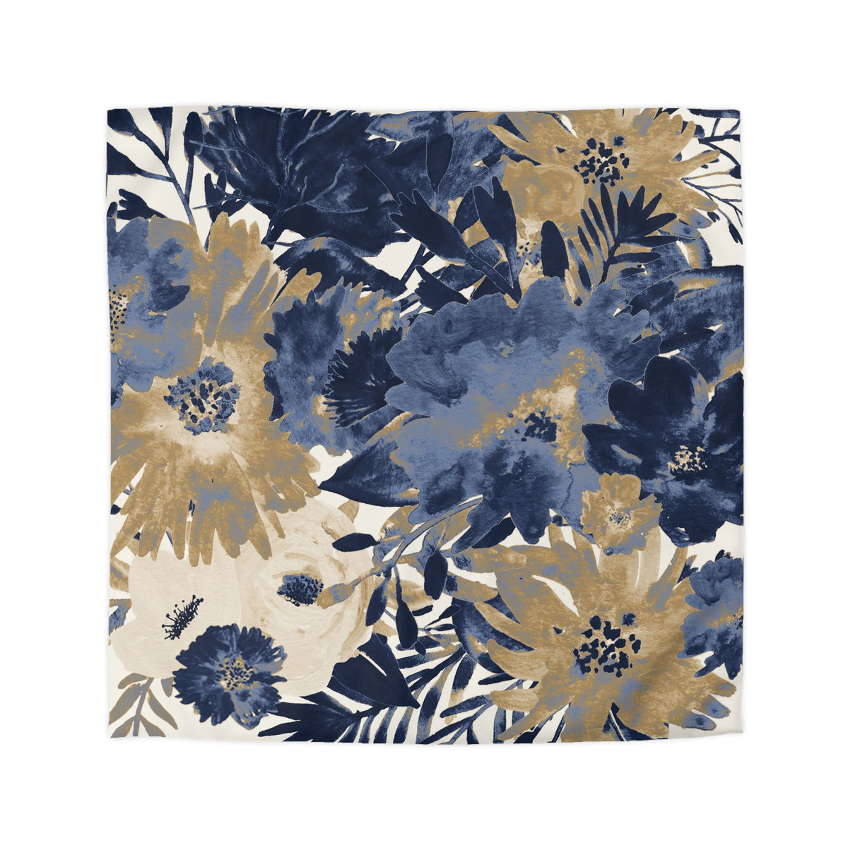a vibrant and colorful floral pattern with various shades of blue, gold, and white. The pattern includes large, bold flowers and leaves in shades of blue and gold, as well as smaller flowers and leaves in white and gold. The overall design is visually striking and eye-catching, with a harmonious blend of colors and textures.