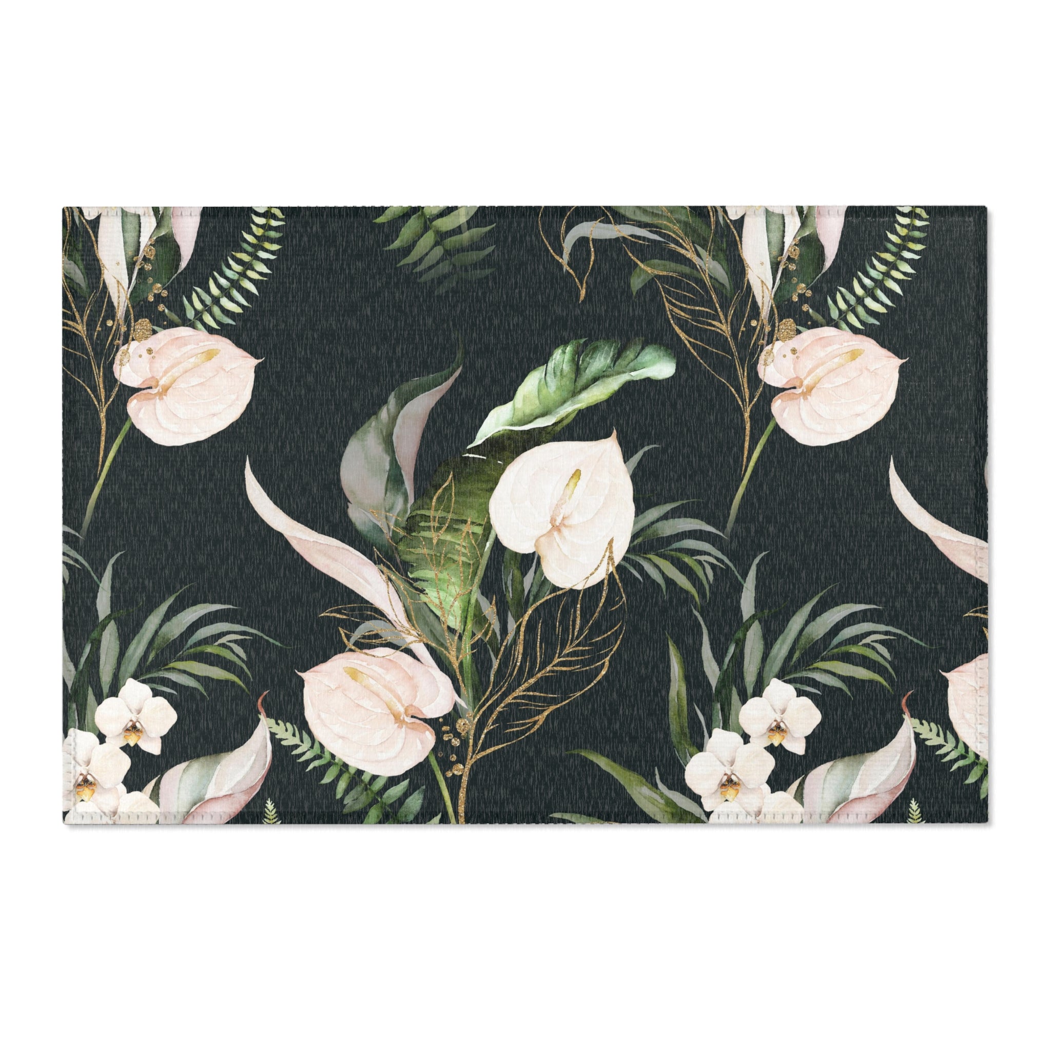 Boho Area Rug | Black Jungle, Anthurium Floral Rug