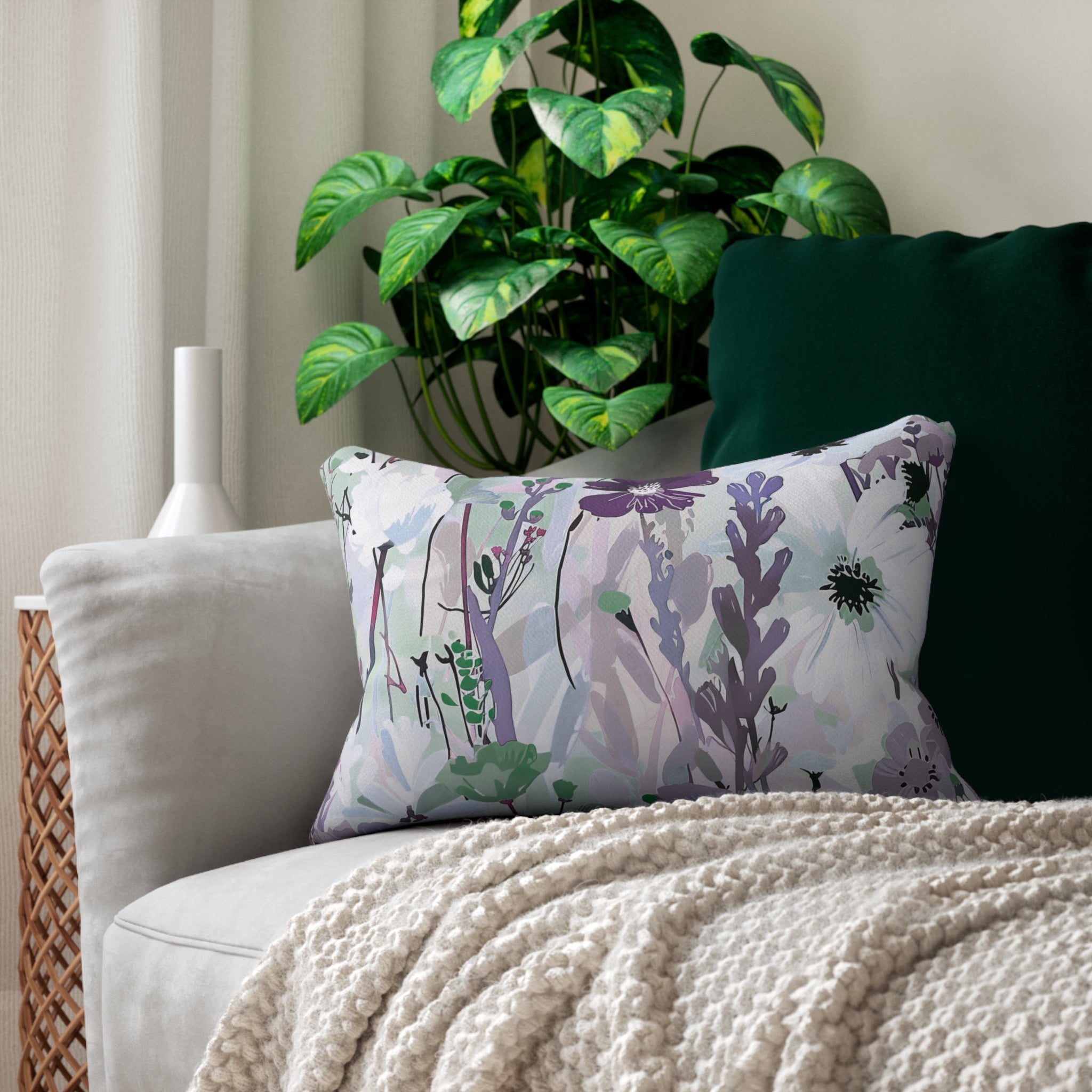 Abstract Floral Lumbar Pillow | Sage Green Blue Purple White