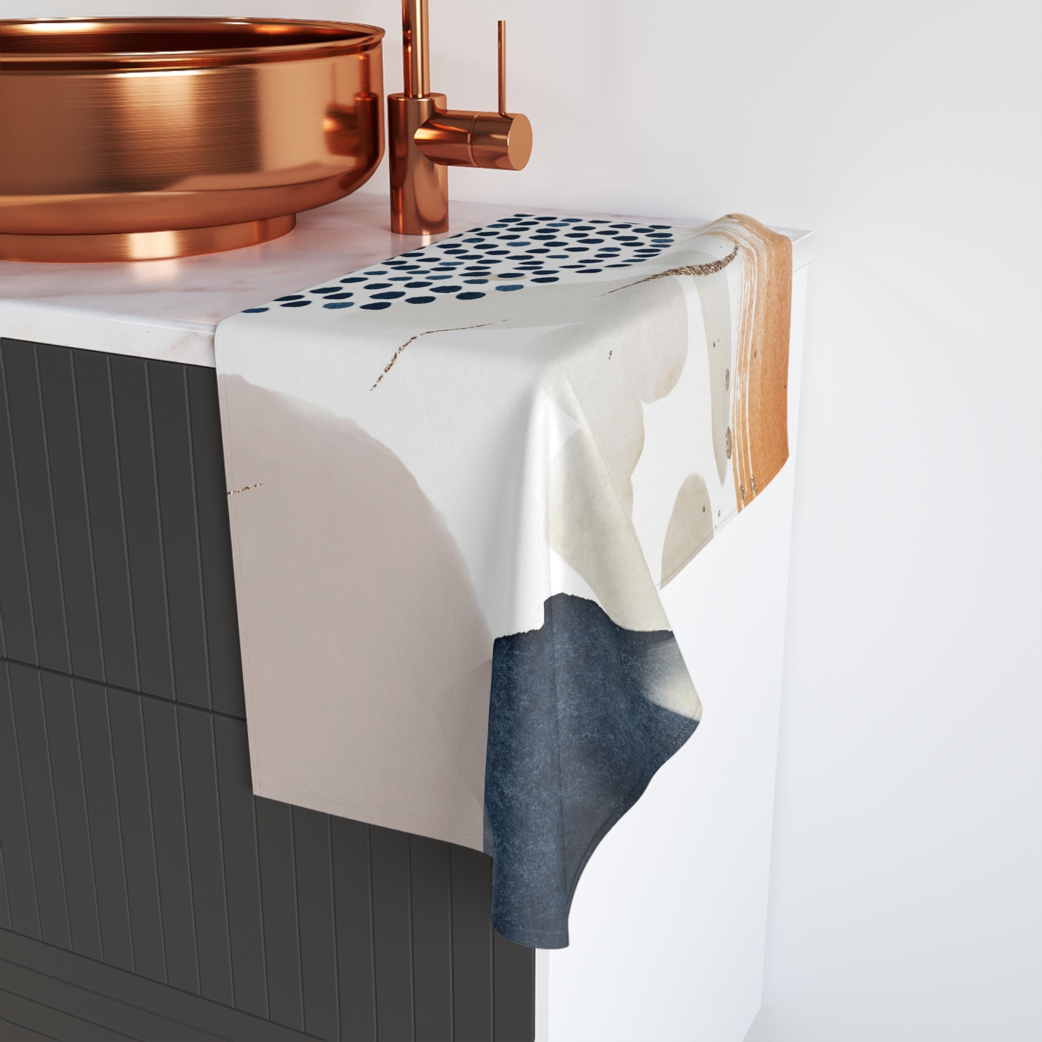 Abstract Kitchen, Bath Hand Towel | Orange Navy Blue, Blush Beige Ivory