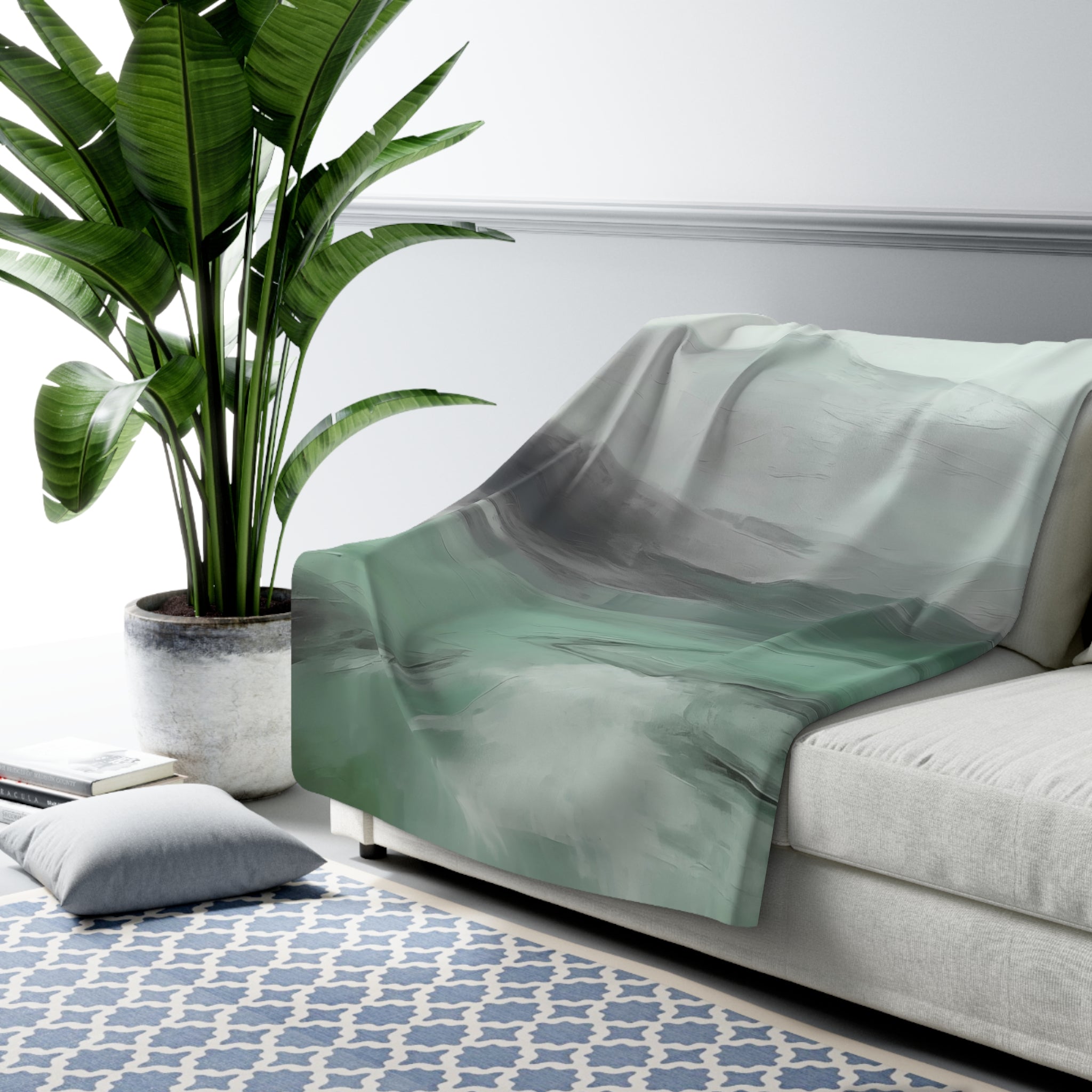 Abstract Landscape Throw Blanket | Green Grey Ombre Watercolor