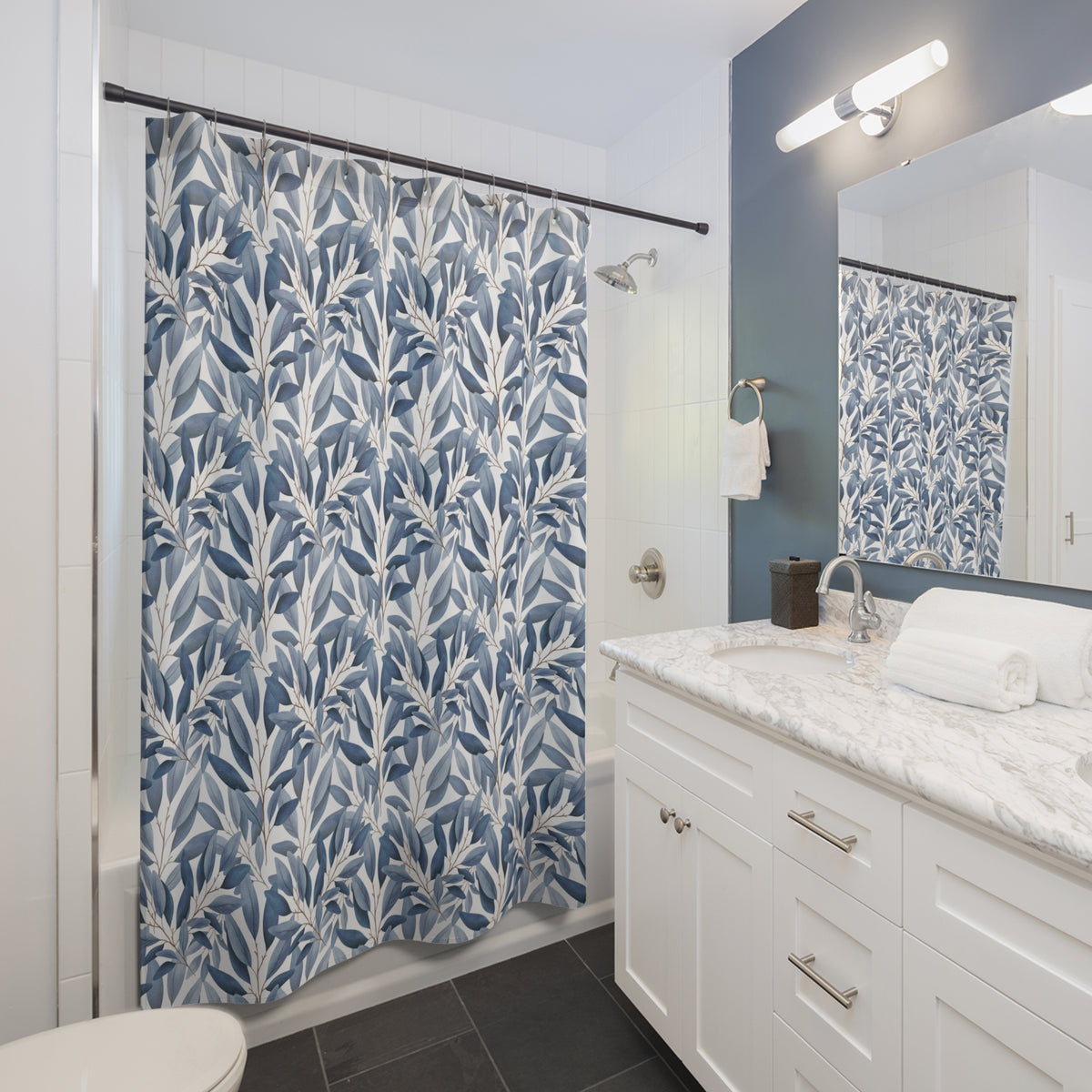 Dusty Blue Botanical Leaf Shower Curtain, Bath Curtain 71x74