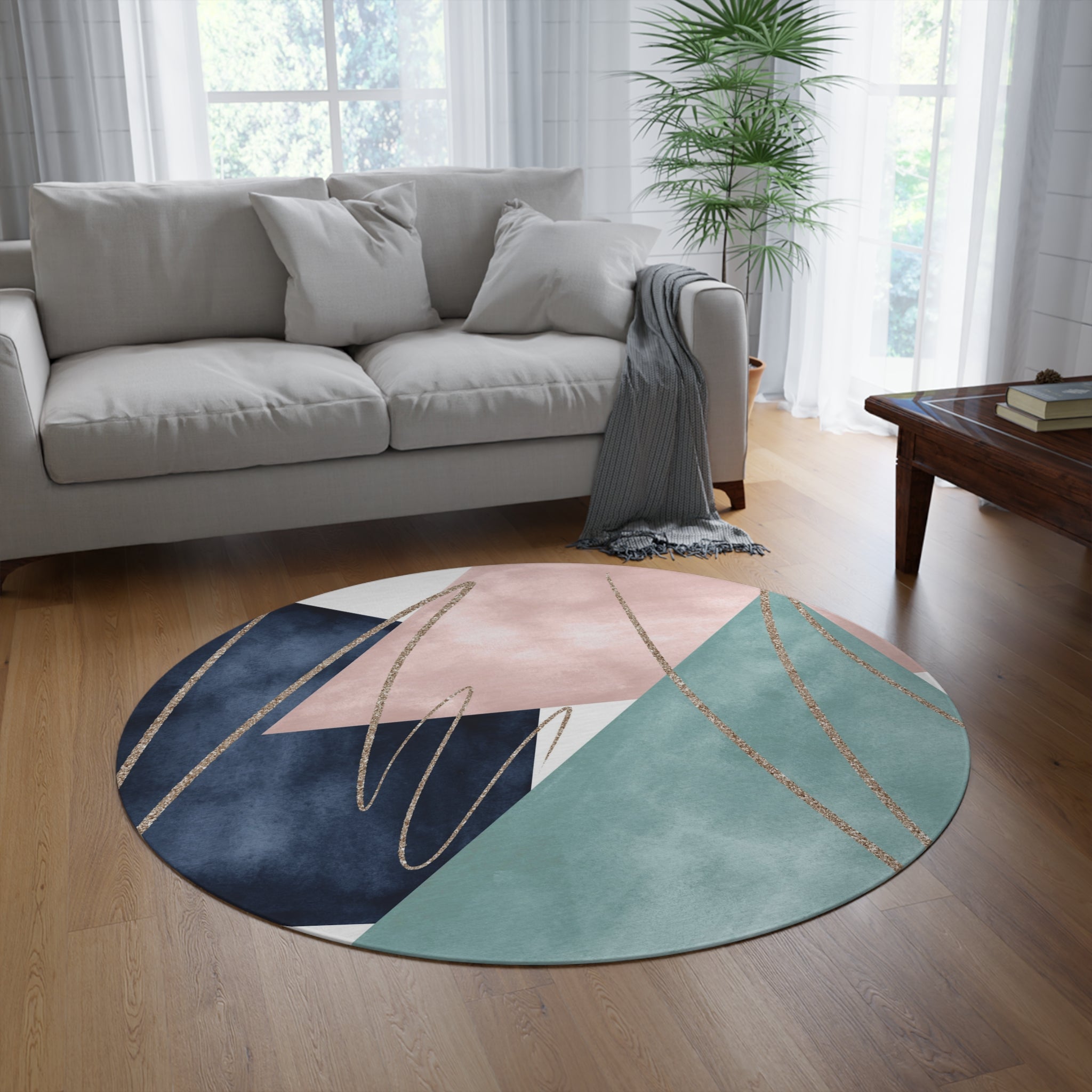 Round Area Rug | Teal Navy Blue, Dusty Pink