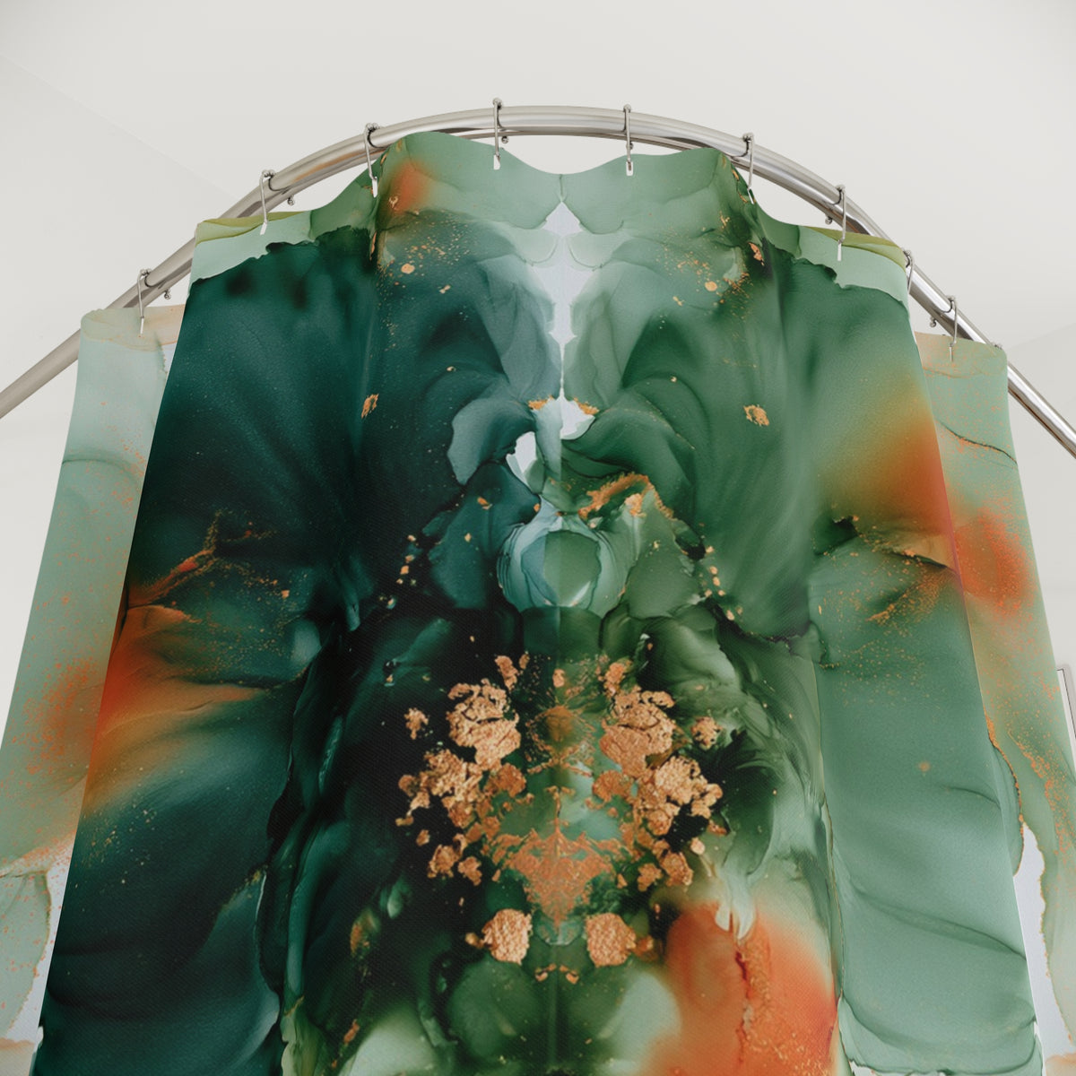 a vibrant abstract painting with a mix of green, orange, and brown colors, creating a dynamic and visually striking composition.
