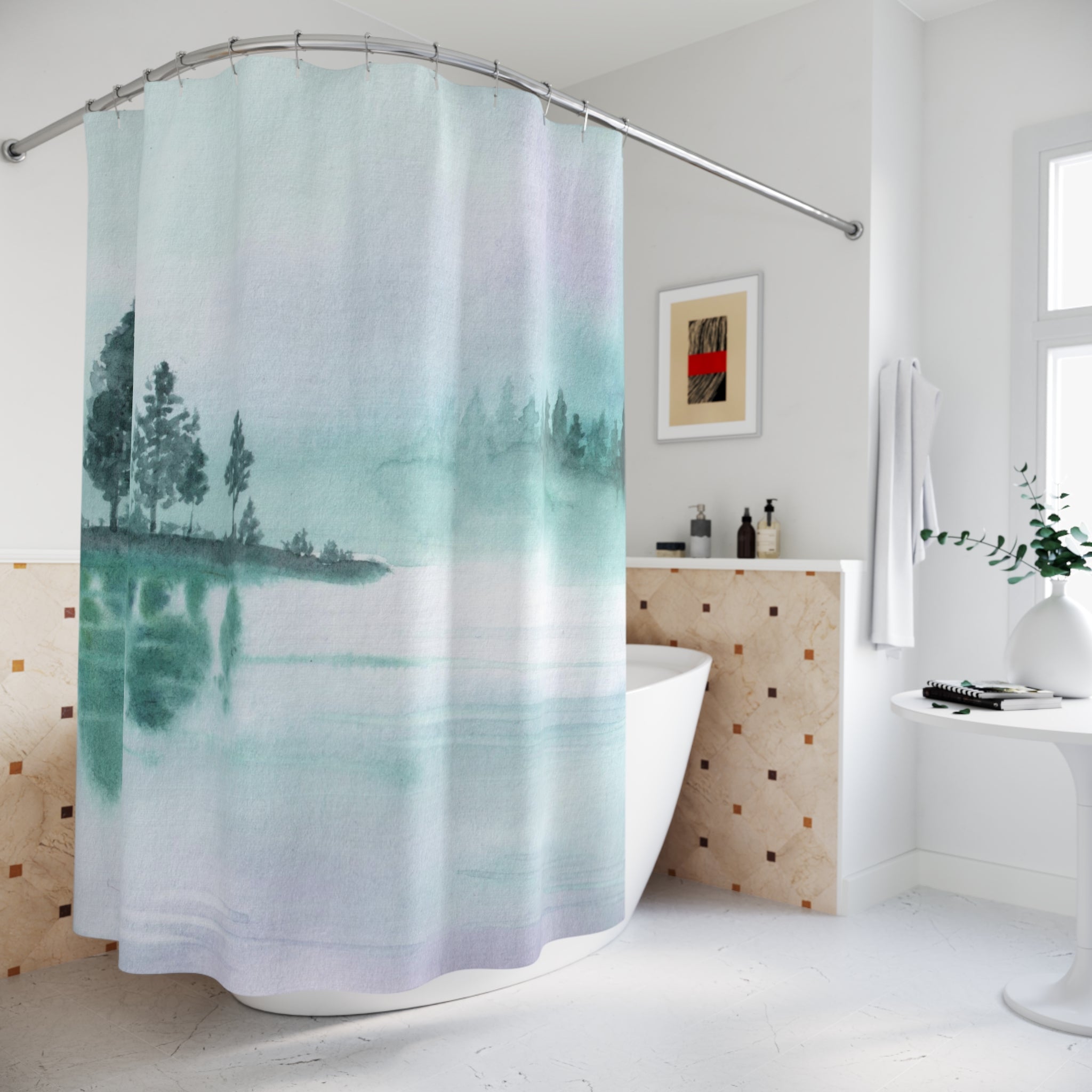 Boho Shower Curtain | Sage Green Forest Trees Nature