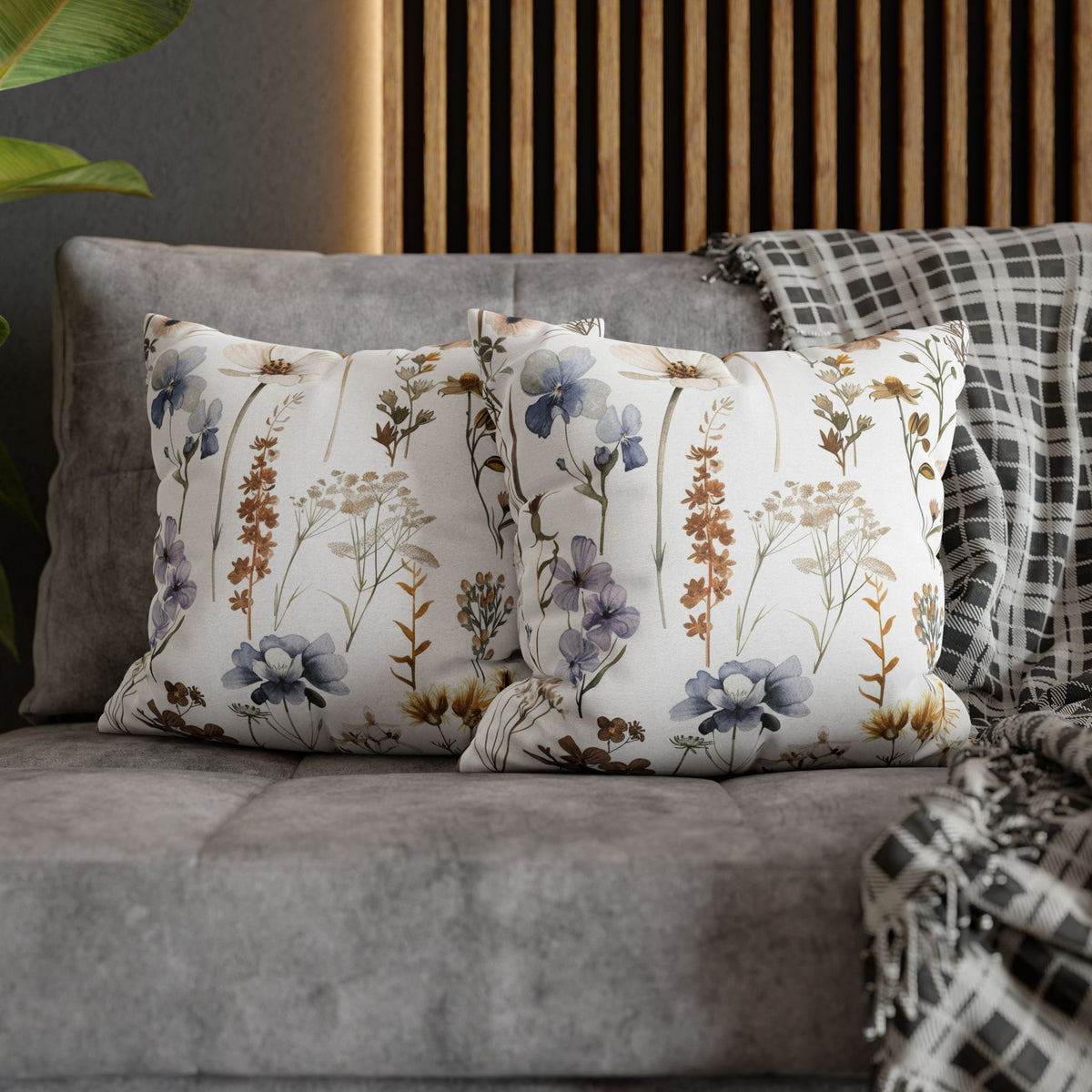 Tan and Lavender Blue Wildflower Pillow Cover
