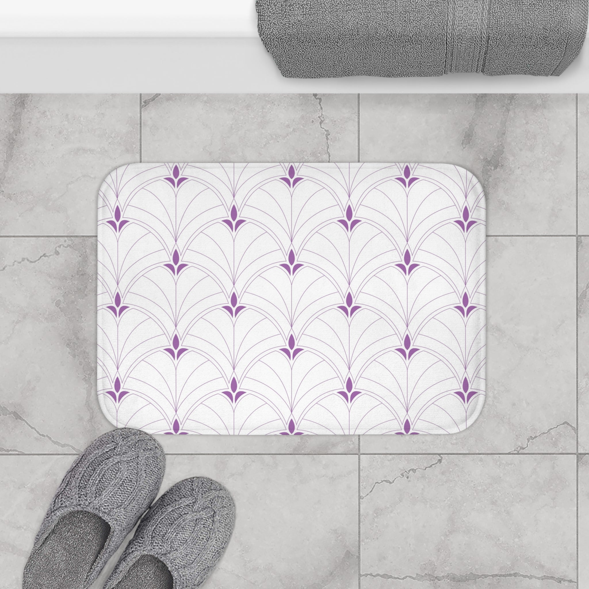 Boho Bath, Kitchen Mat |  Art Deco White Lavender Purple