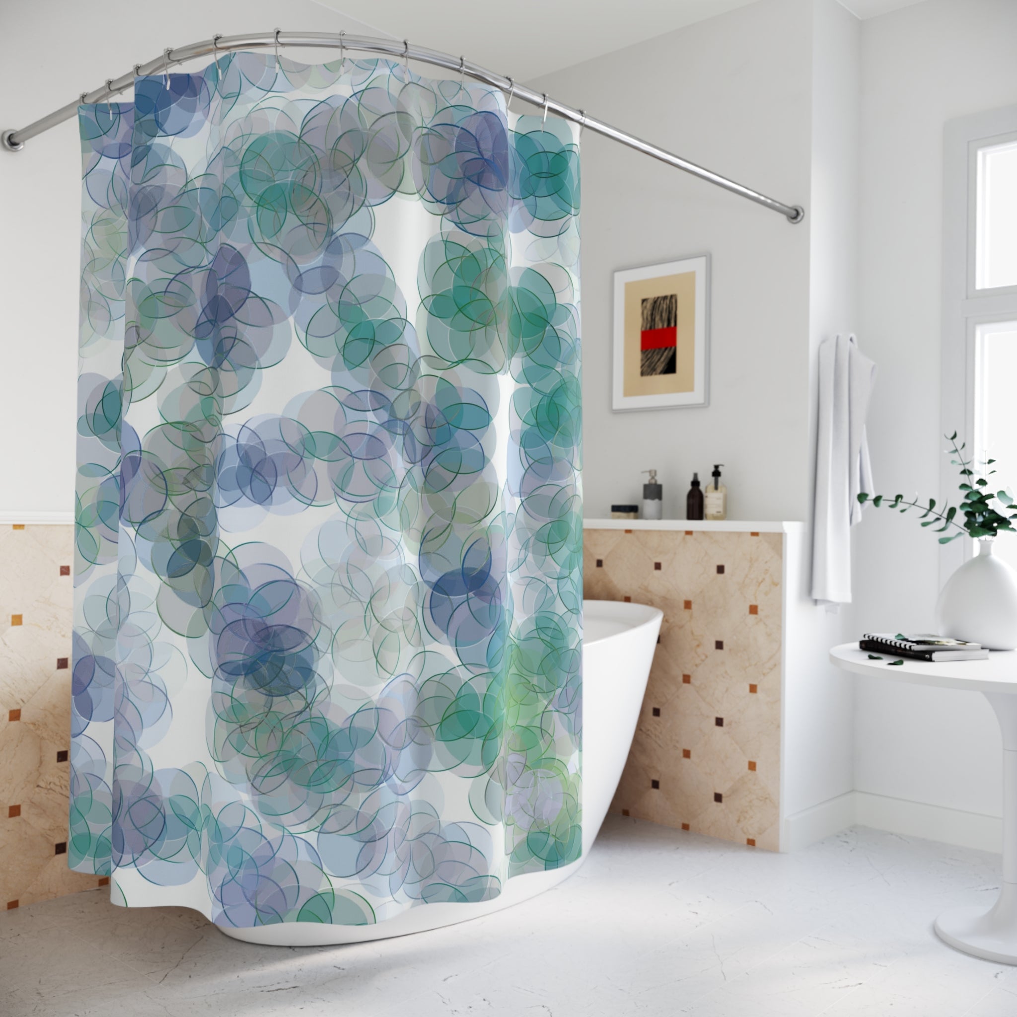 Boho Shower Curtain | Colorful Bubbles Green Blue White Watercolor
