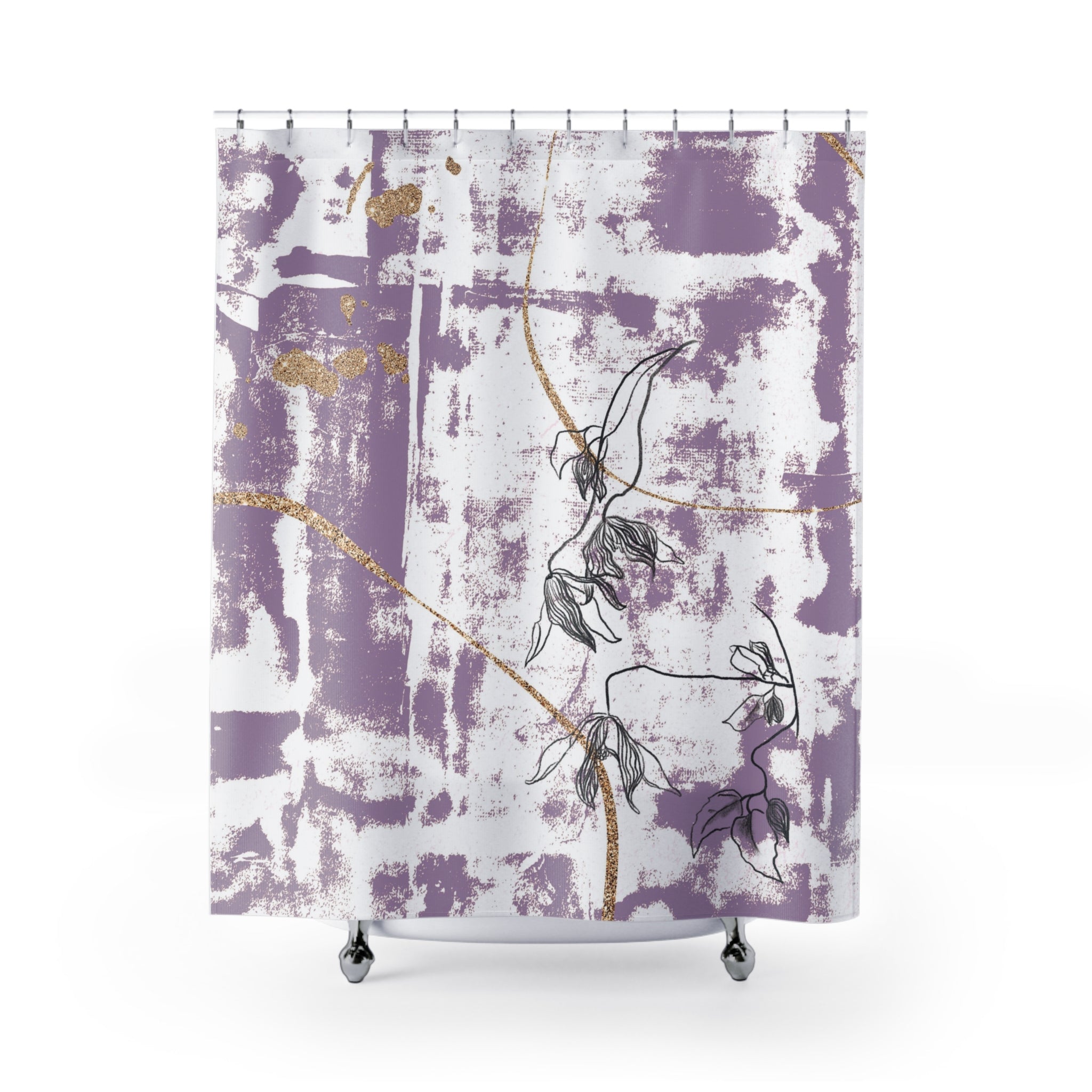 Purple White Shower Curtain | Lavender, Black Floral Art