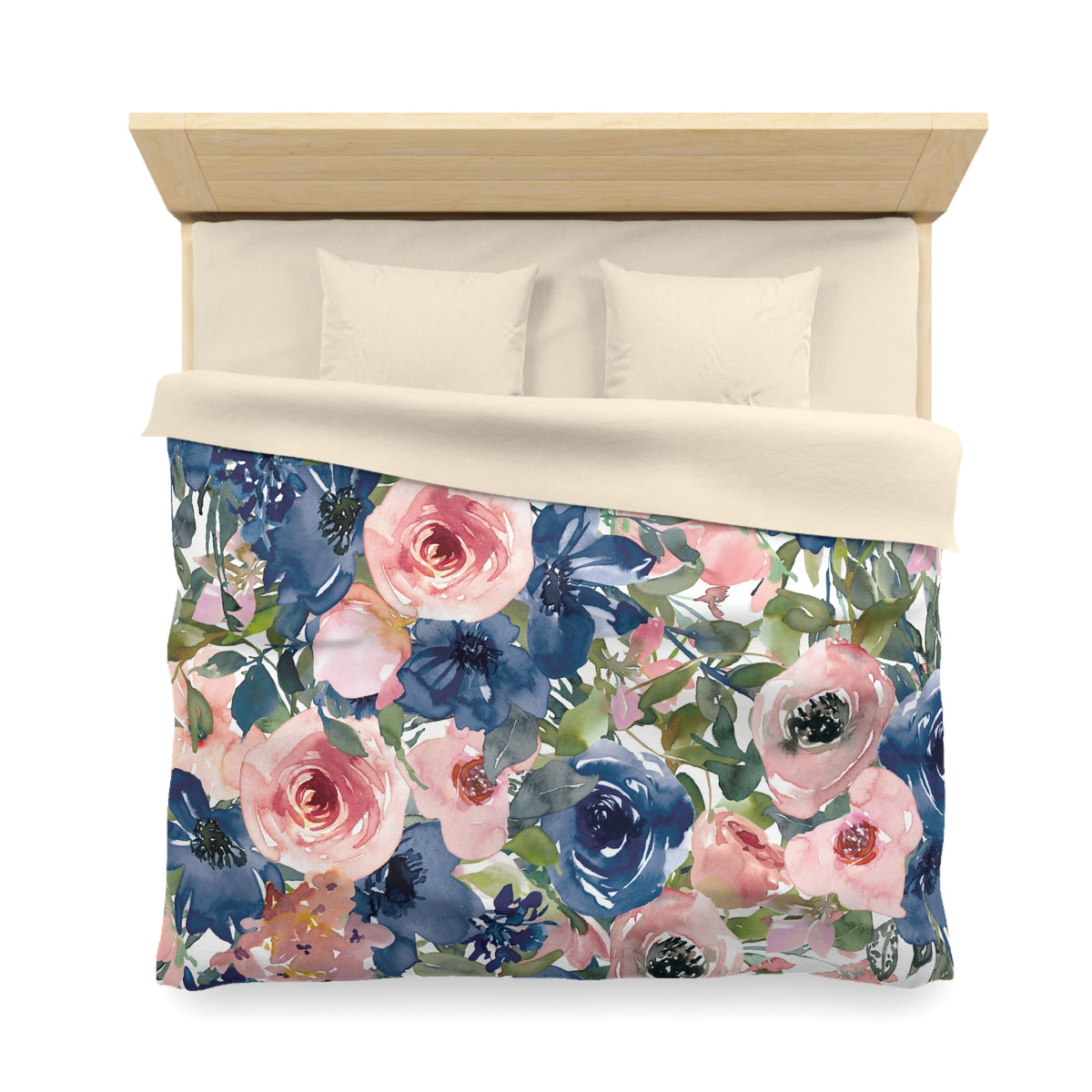 a bed with a floral print duvet cover featuring a variety of colorful flowers, including roses, lilies, and other blooms.