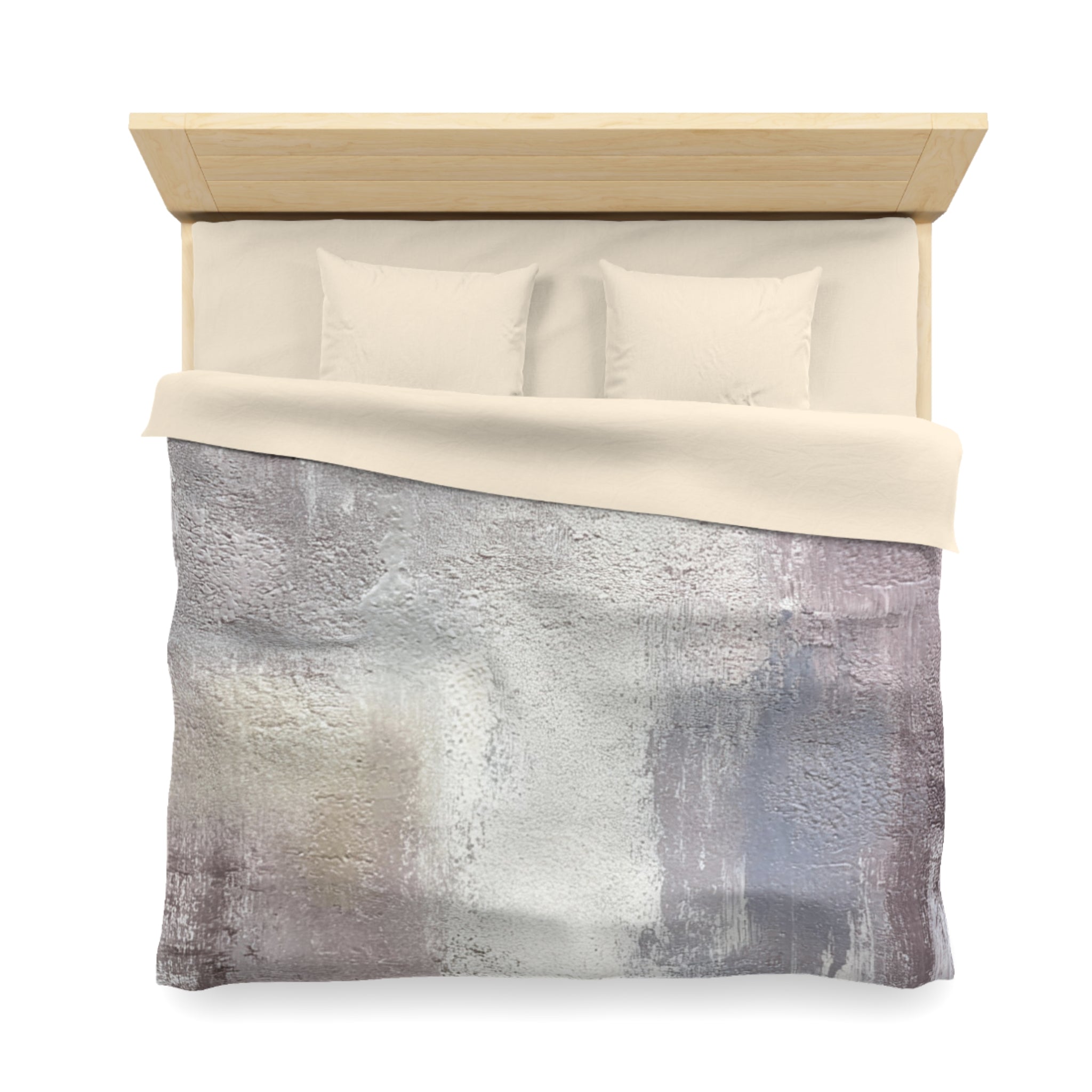 a neatly made bed with a wooden headboard and a beige comforter featuring a textured, abstract design in shades of gray and white.