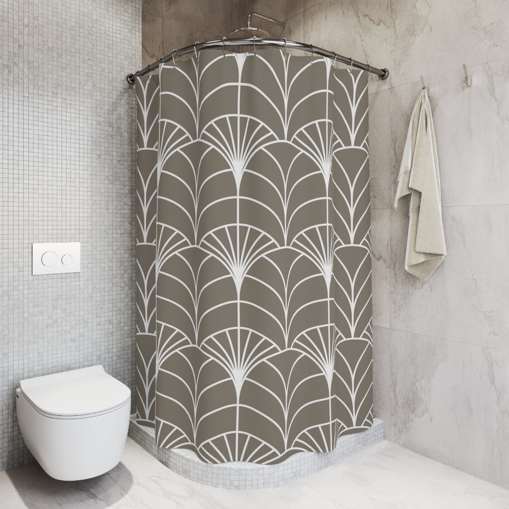 Art Deco Shower Curtain | Taupe White Bath Curtain