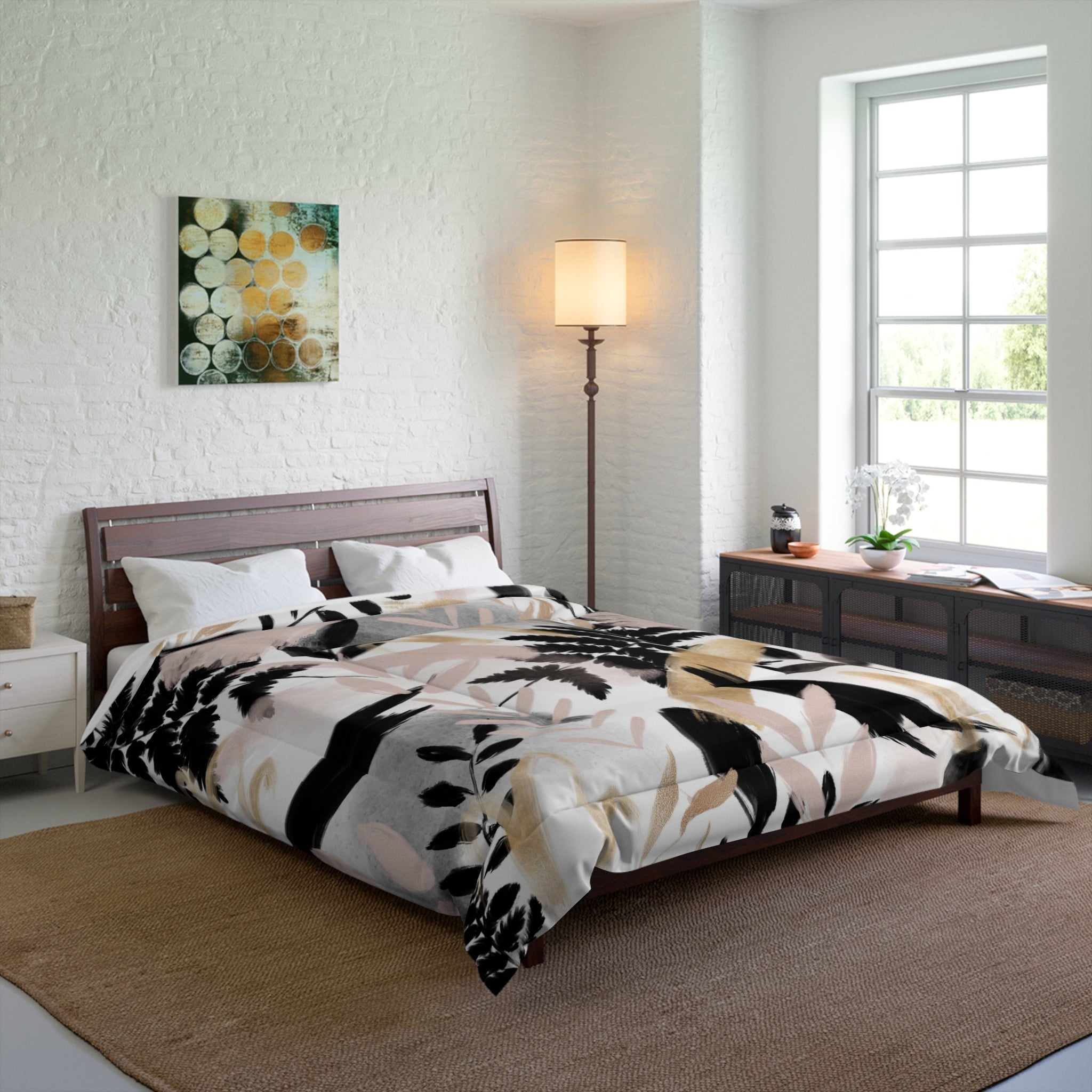 Floral Comforter | White Pink, Black Beige