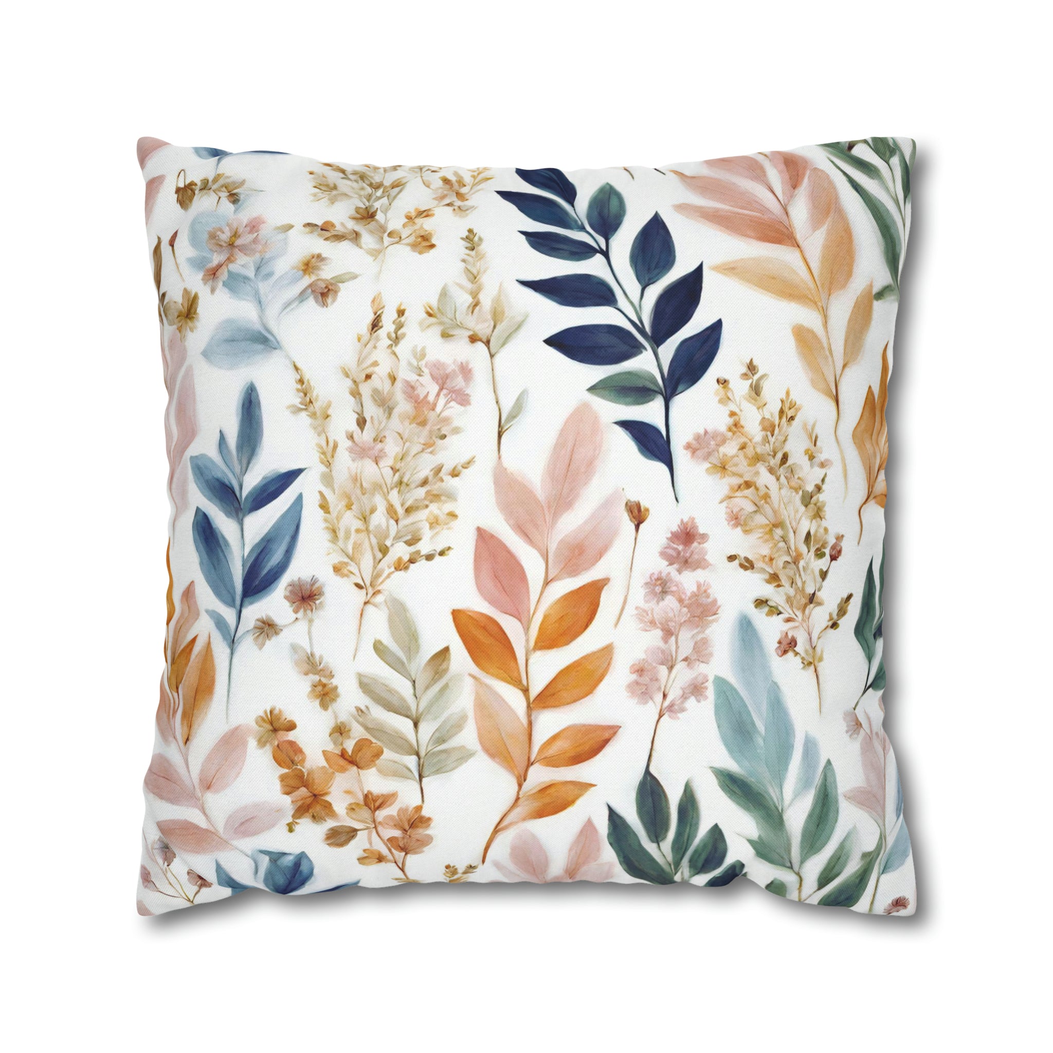 Boho Floral Throw Pillow Cover | White Blue Beige Leaves