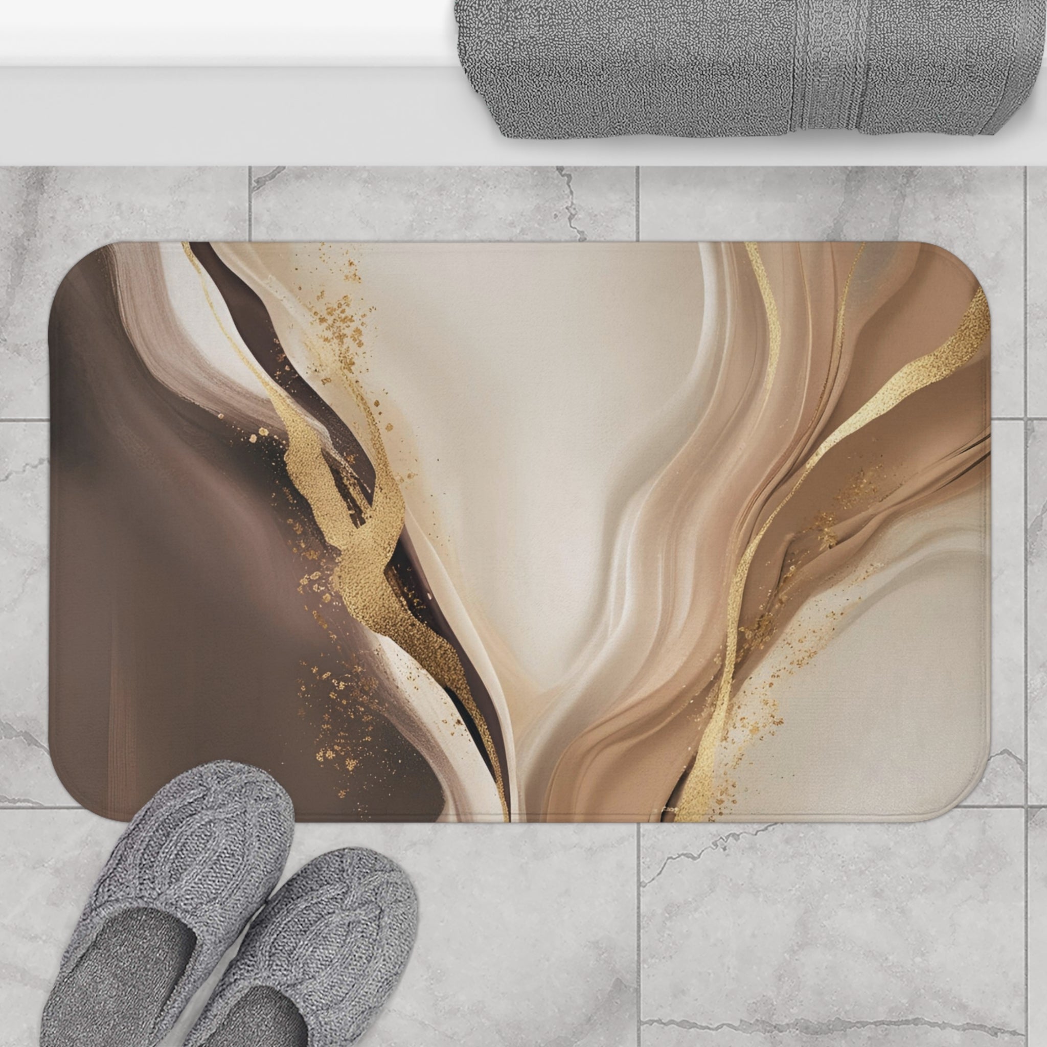 Boho Bath Mat | Brown Beige, Gold Abstract Kitchen Mat
