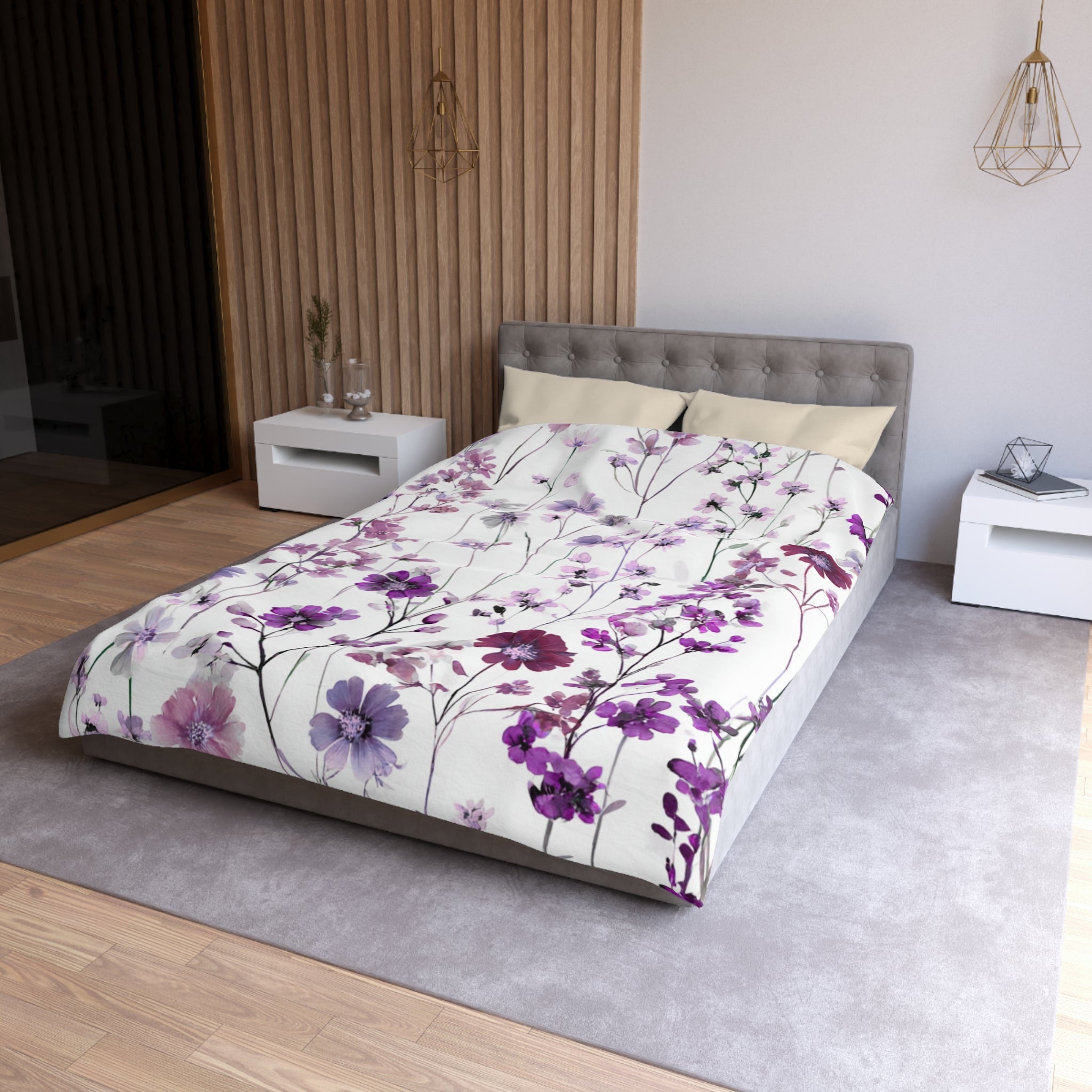 Floral Modern Duvet, Pillow Cover | White Purple Bedroom Decor