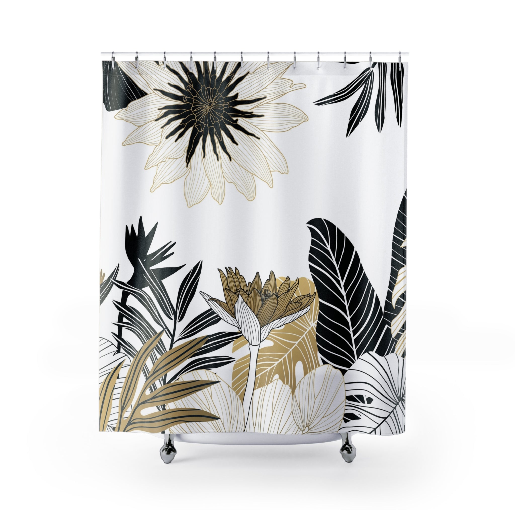 Abstract Floral Shower Curtain | White Black, Beige Jungle Leaves
