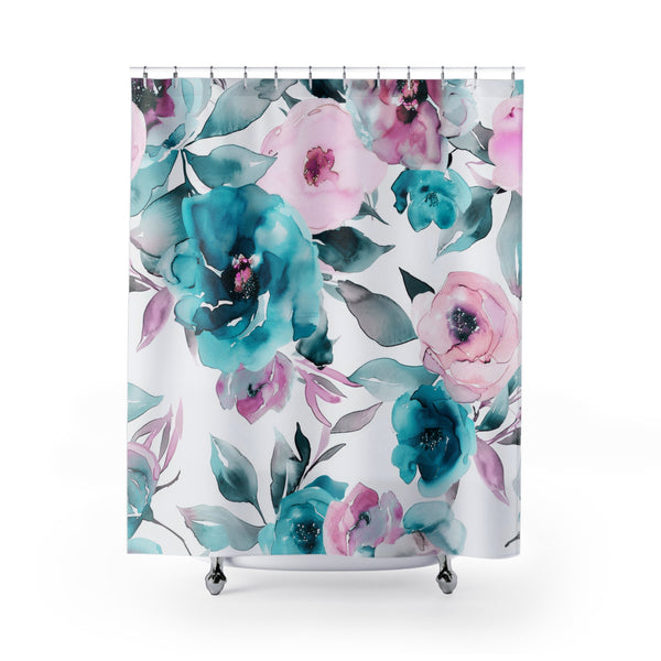 Boho Shower Curtain | Floral Pink, White Teal Blue Bath Curtain