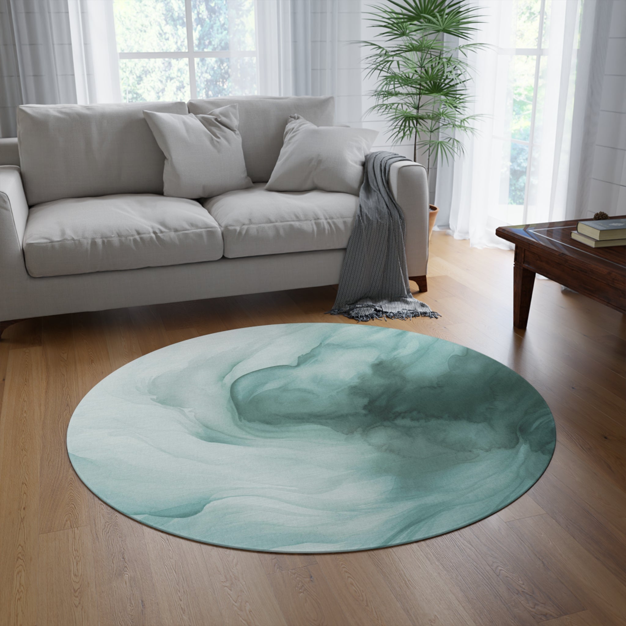 Round Area Rug | Teal Green Ombre, White