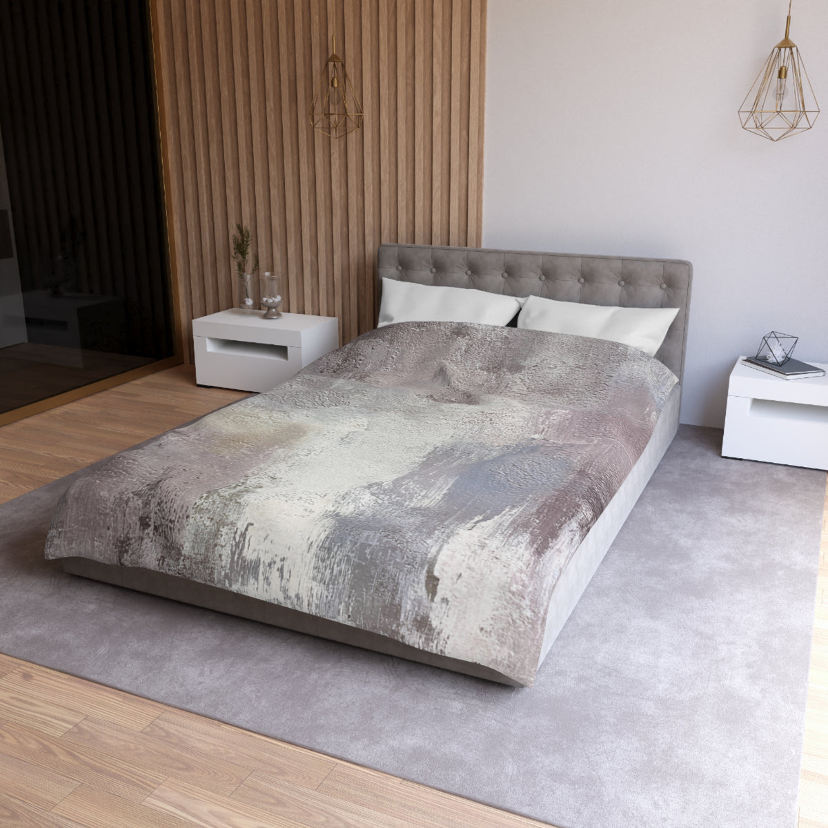 a modern bedroom with a large bed, white nightstands, and a wooden accent wall.