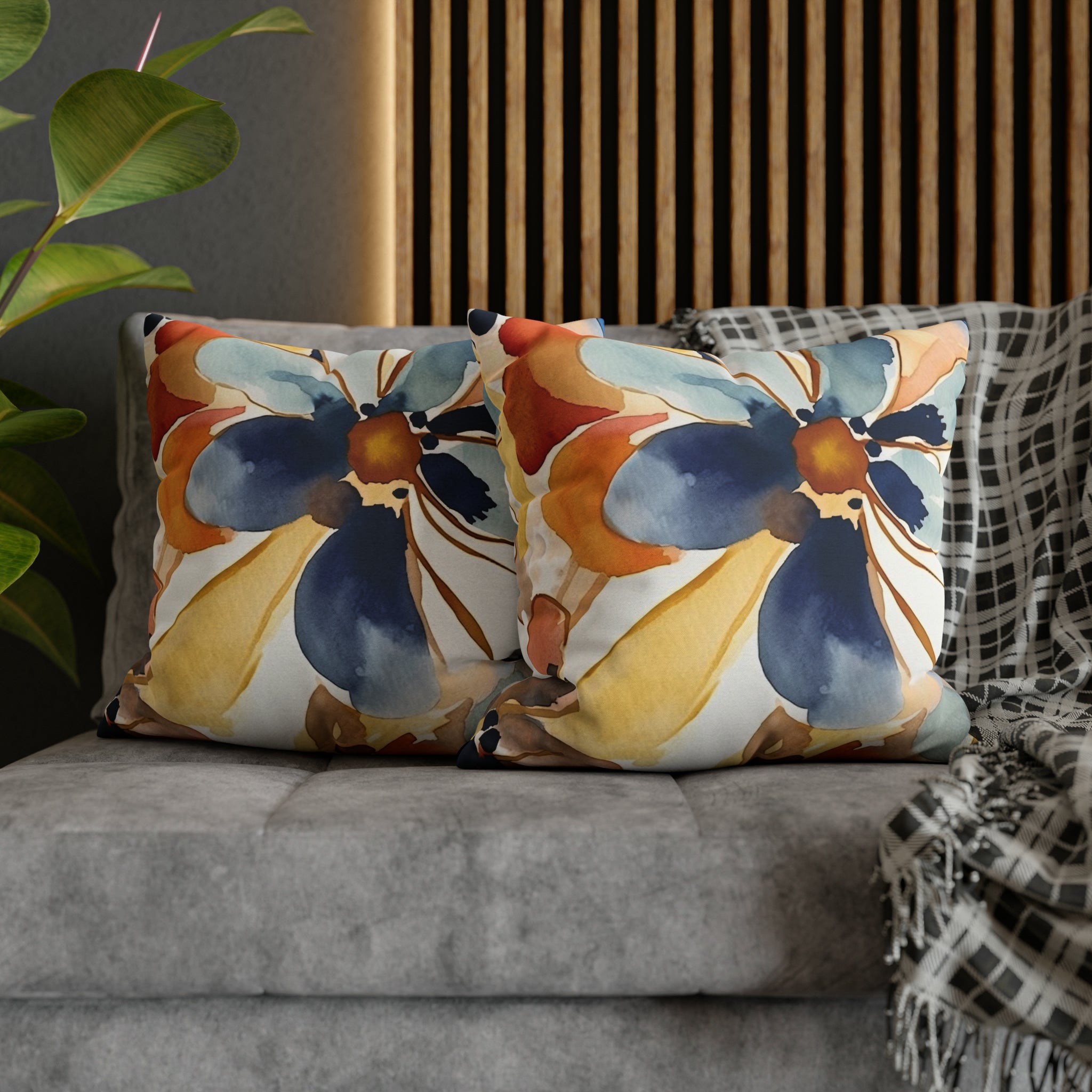 Floral Pillow Cover | Mediterranean Blue, Orange Red Flower