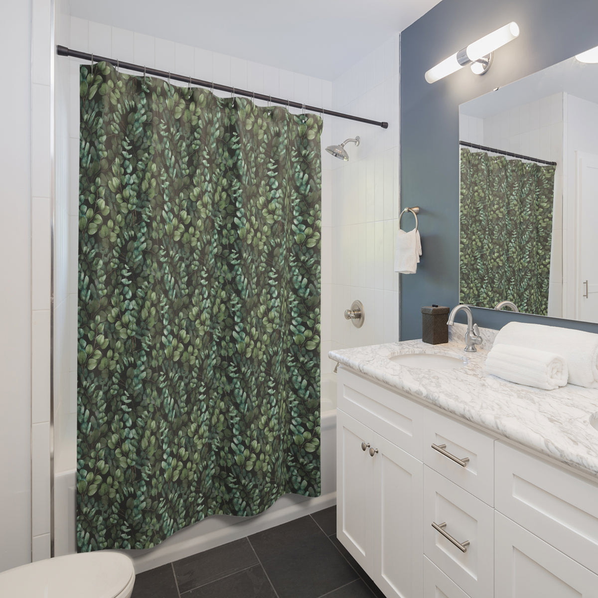 Charcoal Forest Green Eucalyptus Shower Curtain, Bath Curtain 71x74