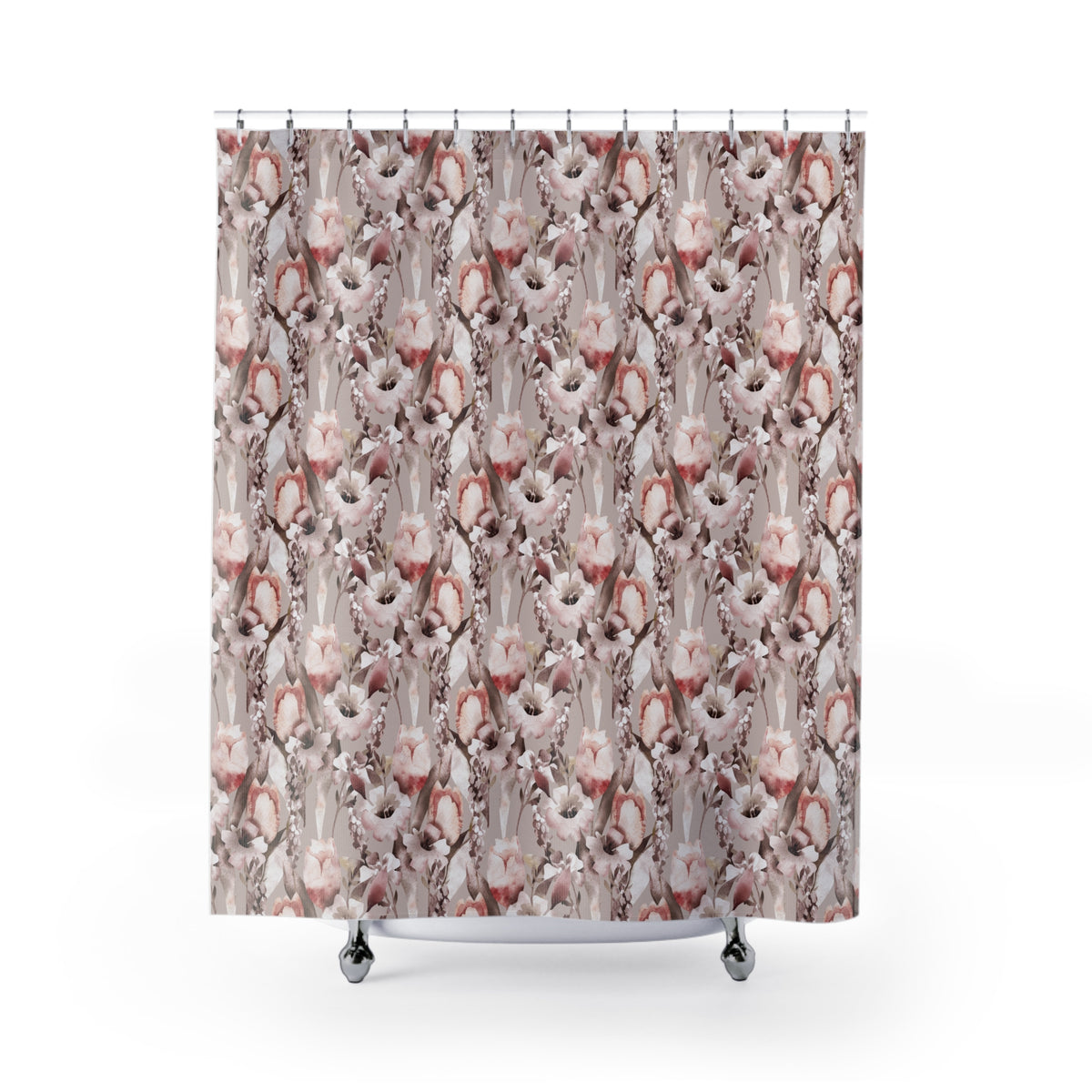 a shower curtain with a repeating floral pattern in shades of pink and white.