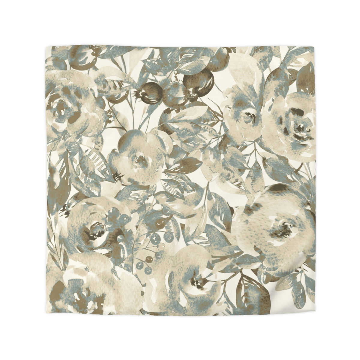 a floral pattern with various shades of green and beige flowers and leaves.
