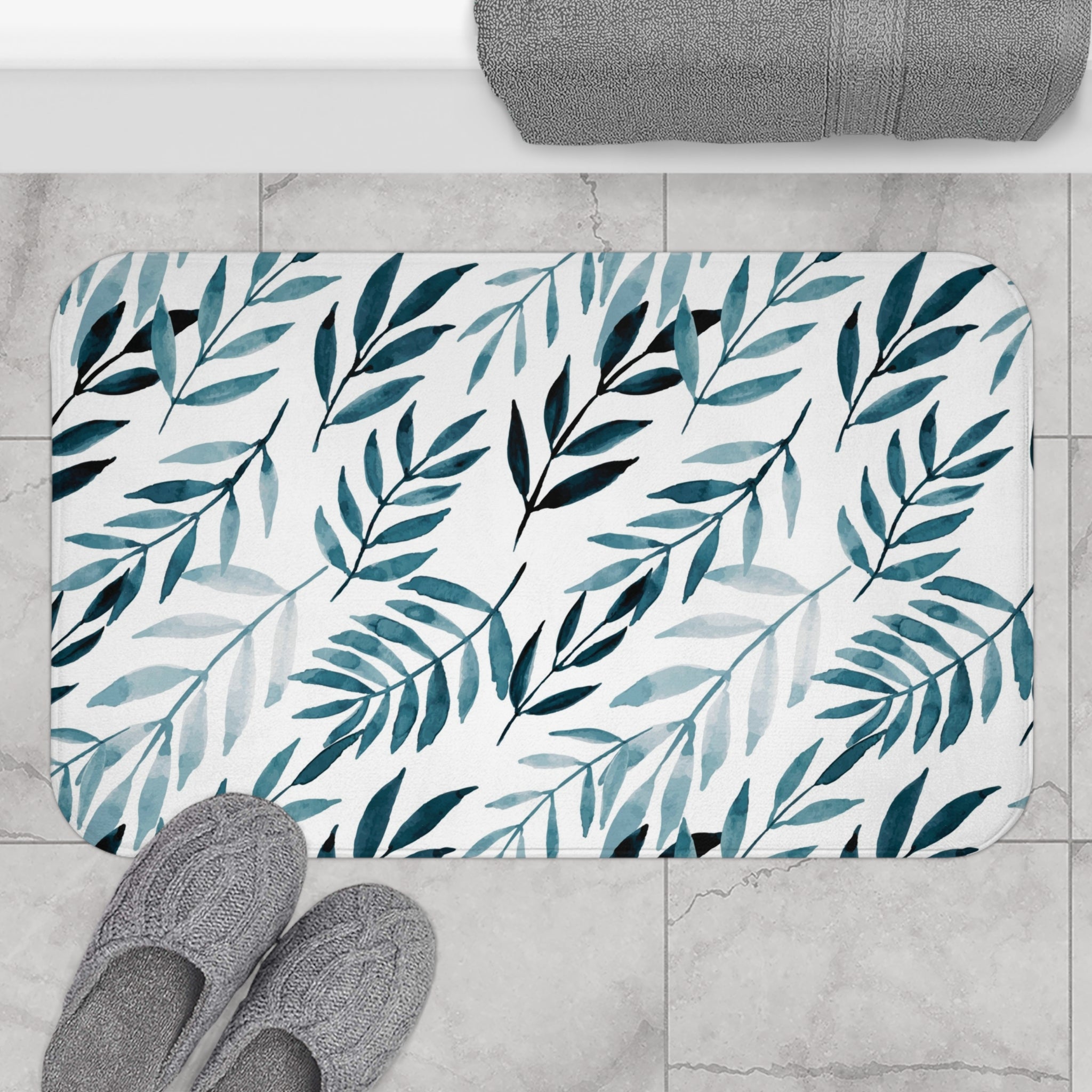 Boho Kitchen, Bath Mat | Floral White, Navy Leaves