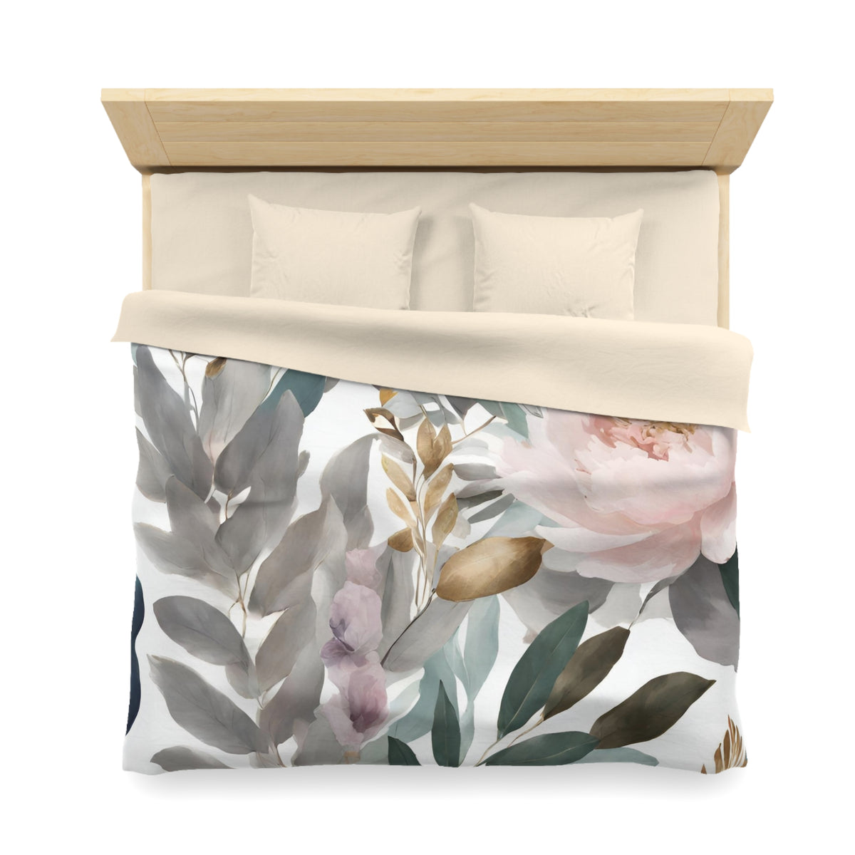 a bed with a floral print duvet cover and pillows.