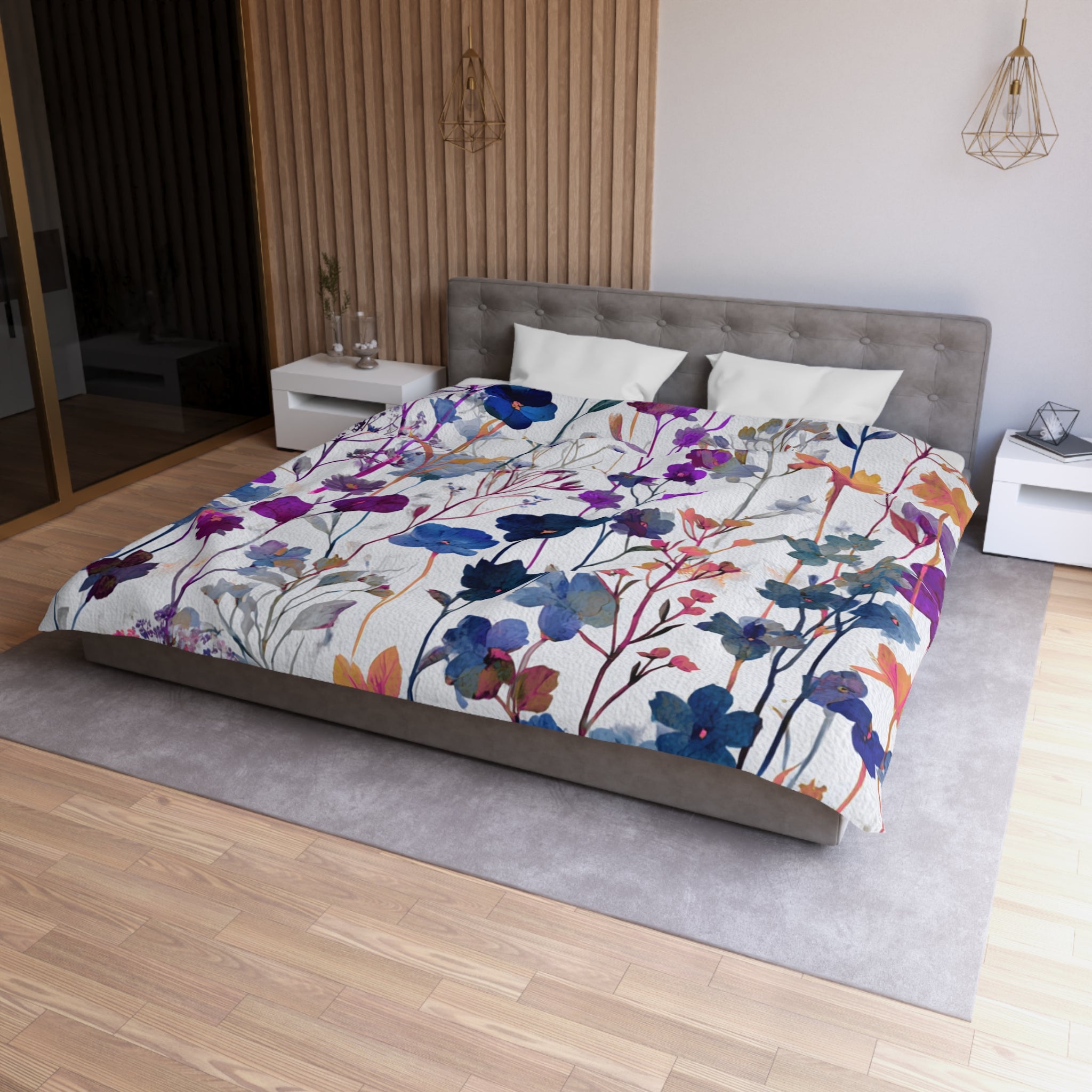 Floral Modern Duvet, Pillow Cover | Blue Orange Bedroom Decor