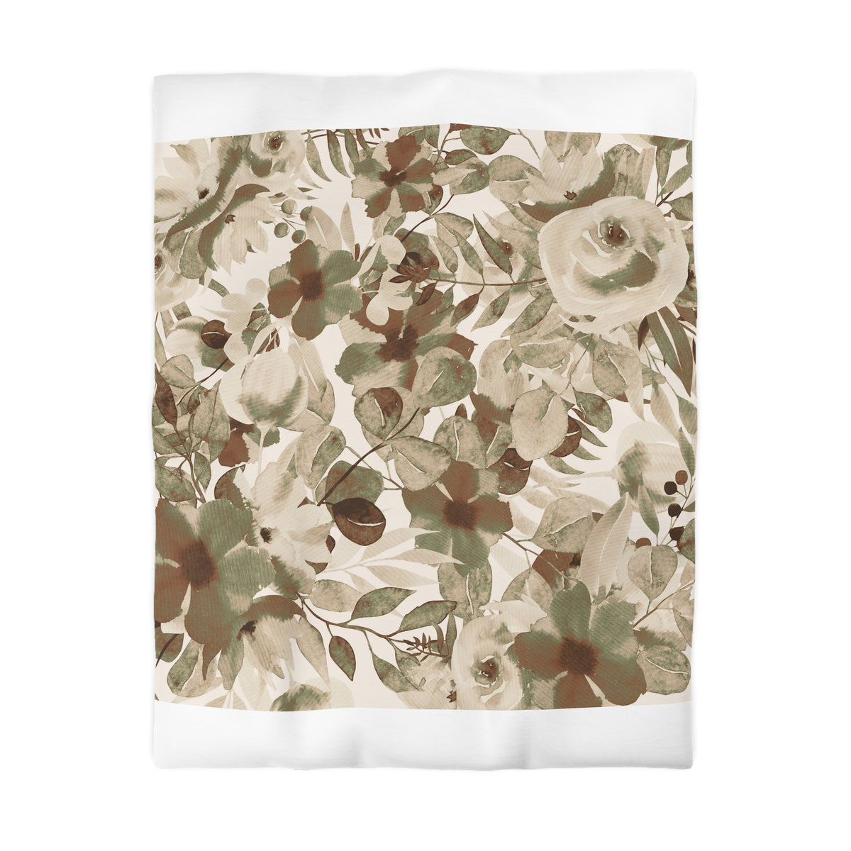 a floral pattern with various shades of brown and green flowers and leaves.