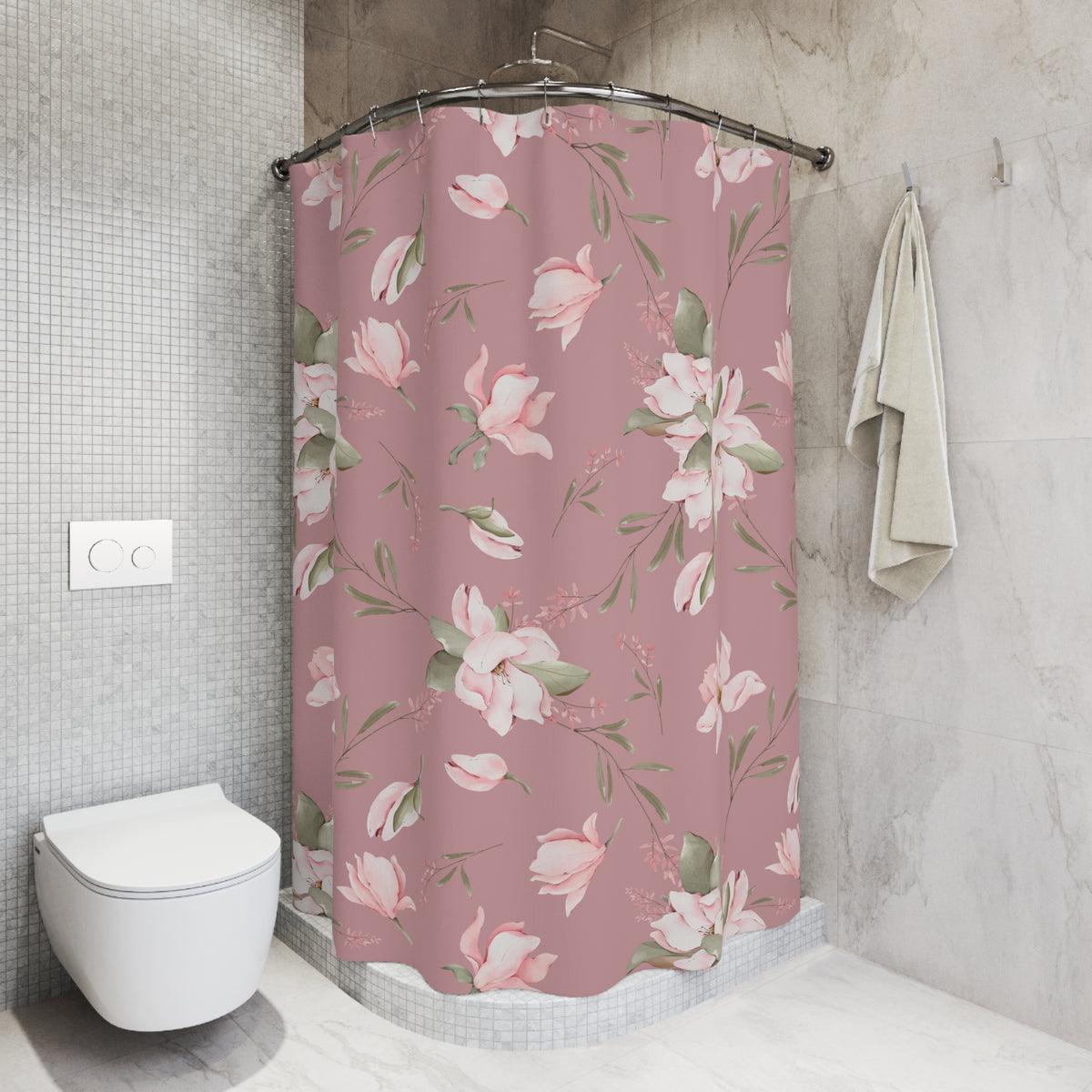 Dusty Rose Watercolor Magnolia Shower Curtain, Bath Curtain 71x74
