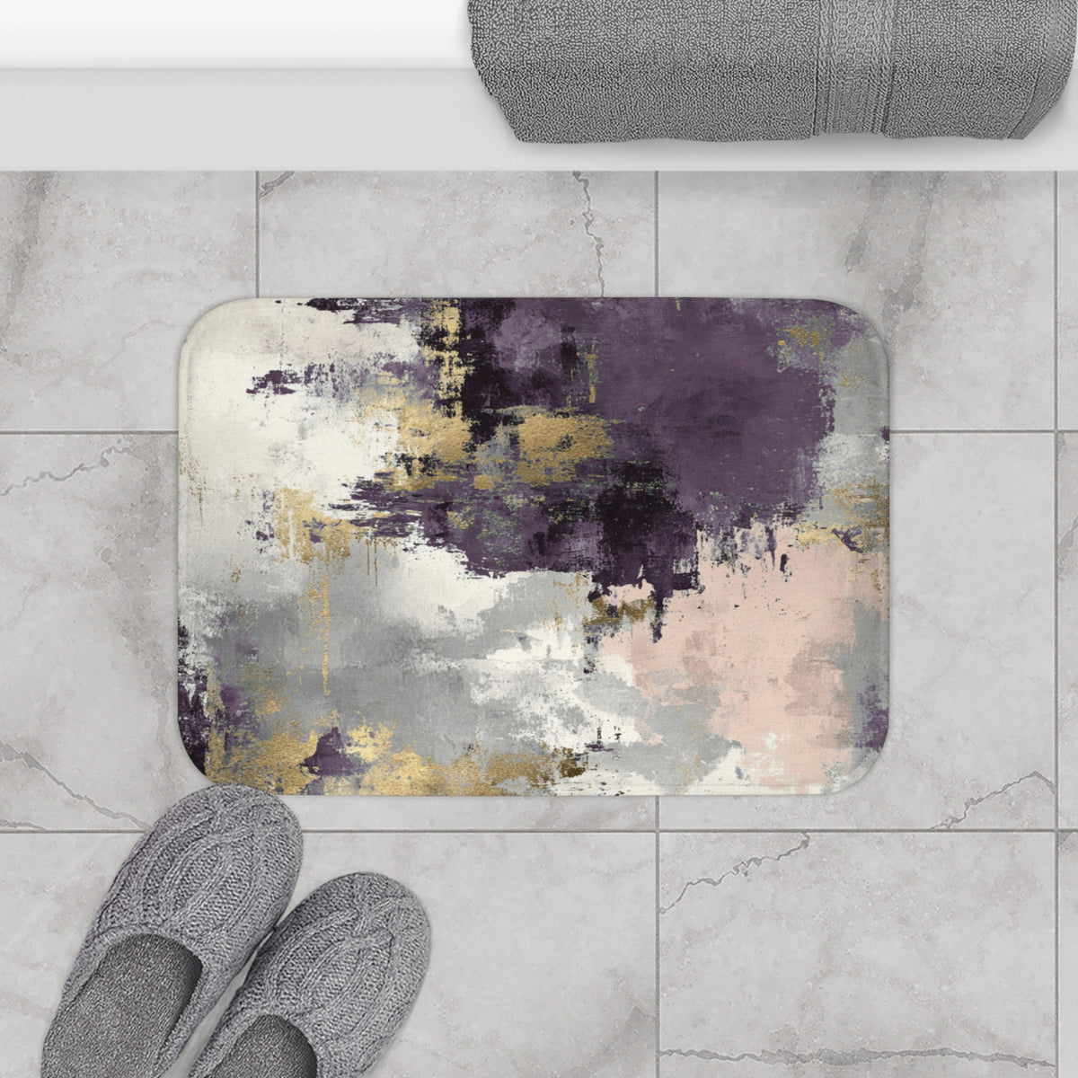 Aubergine Grey Ochre Abstract Bath Mat, Moody Bathroom Rug