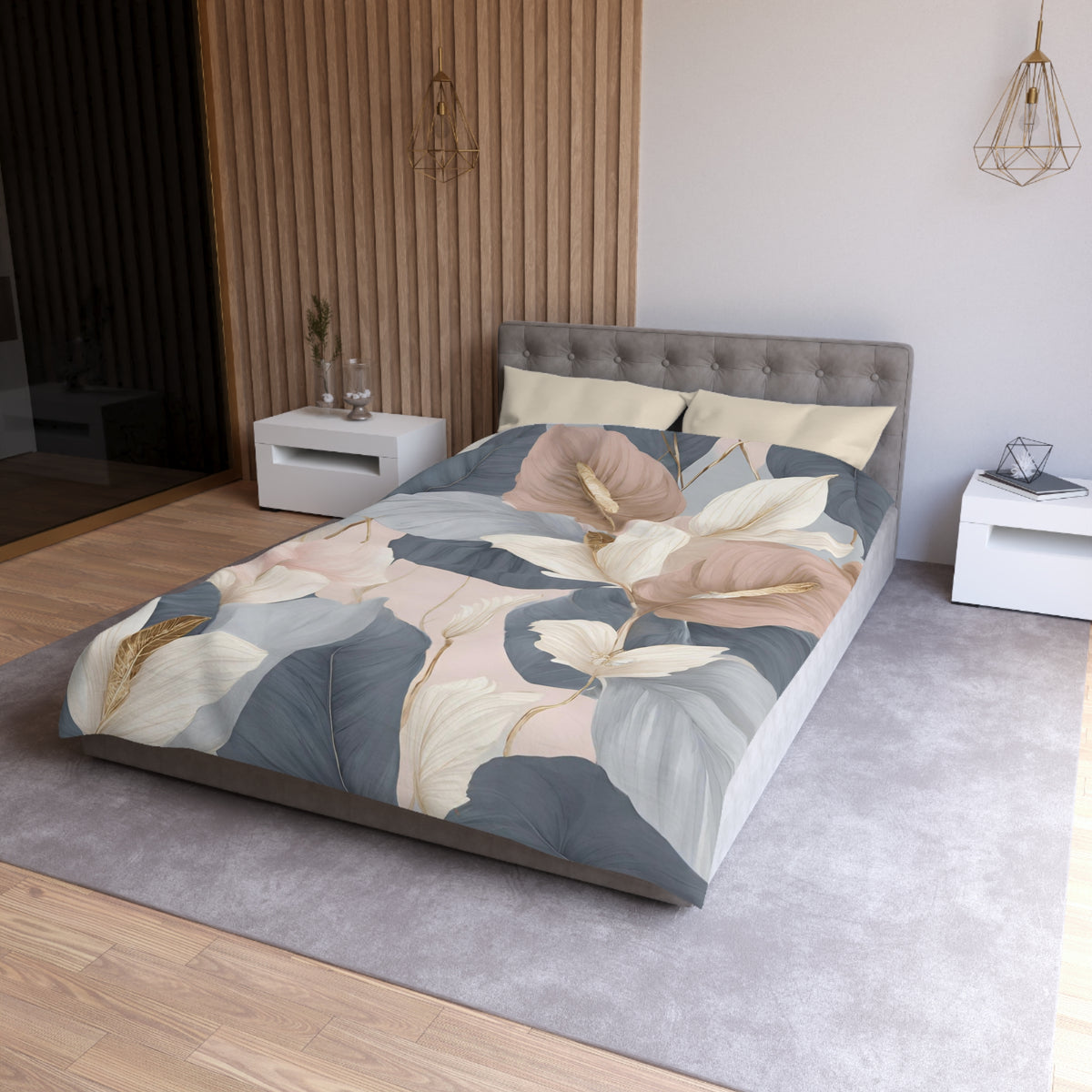 a modern bedroom with a large bed covered in a floral print comforter. The bed is positioned against a wall with a wooden panel design. The room also features a nightstand on the left side and a lamp on the right side.