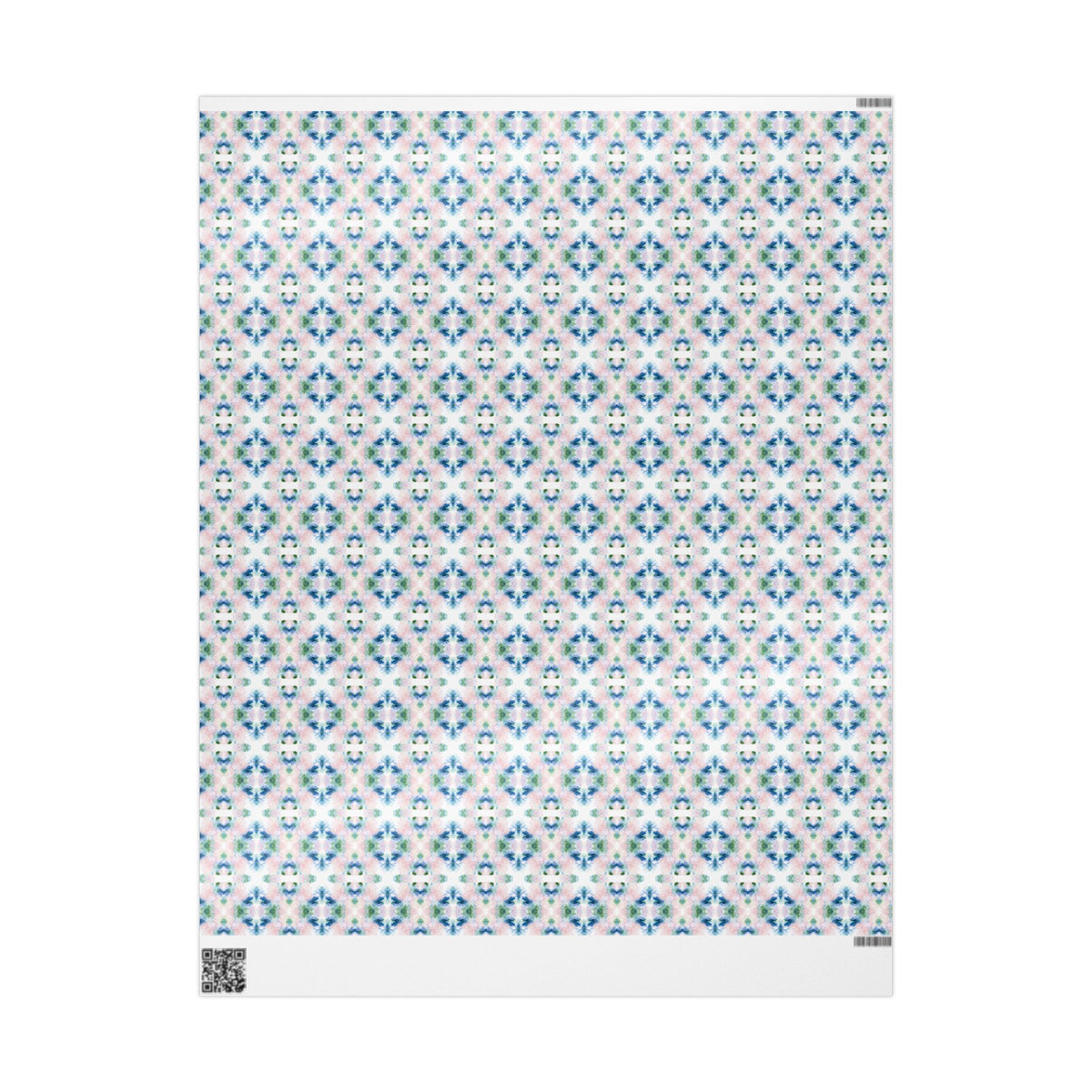 Full printed sheet of blush, blue and green mirrored watercolor wrapping paper showing the repeating pattern