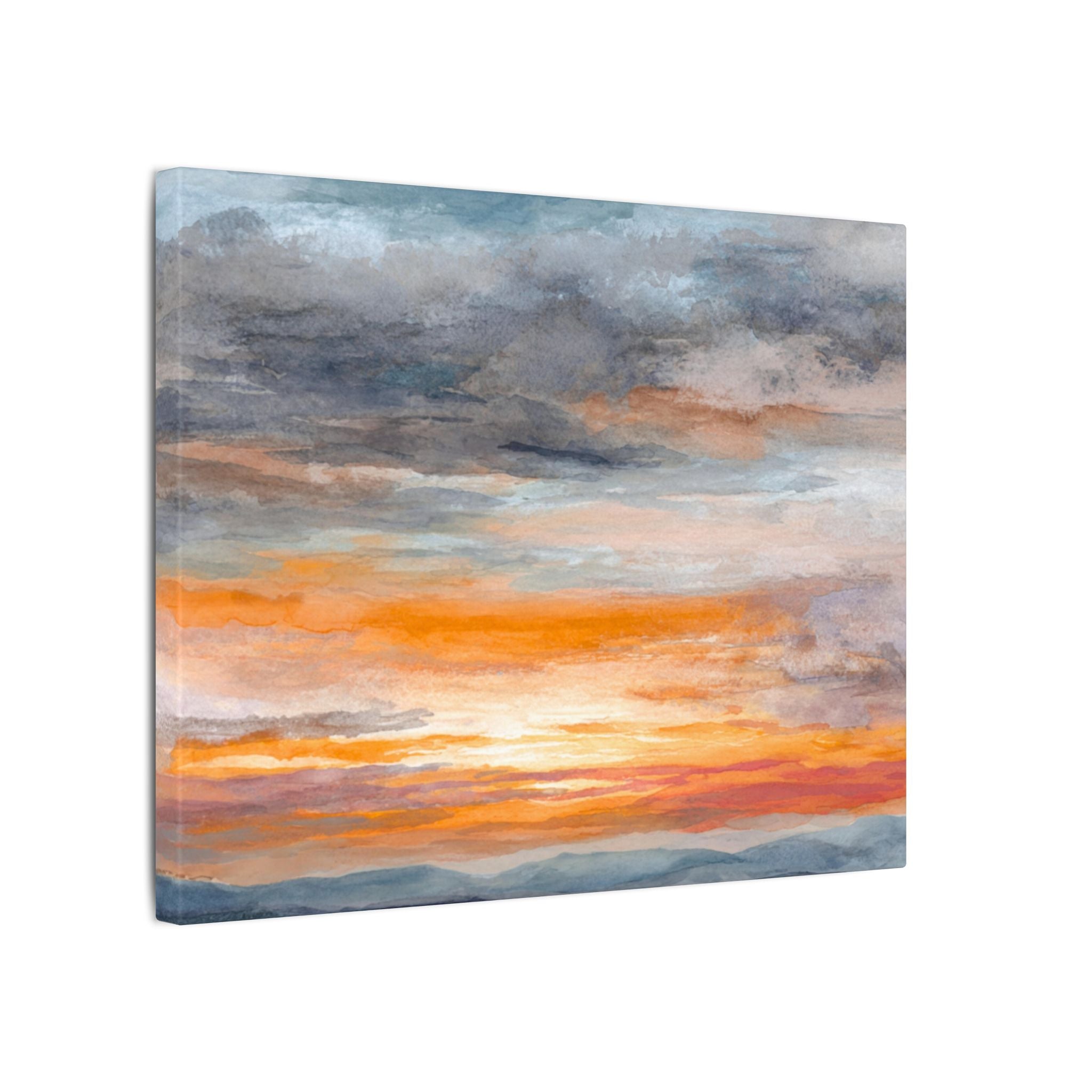 a beautiful sunset over a mountainous landscape, with vibrant orange and blue hues in the sky.