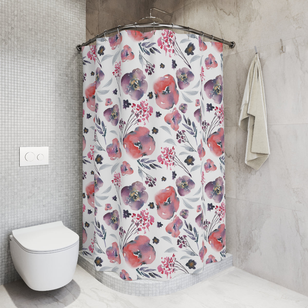 Coral Purple Watercolor Poppy Shower Curtain, Bath Curtain 71x74