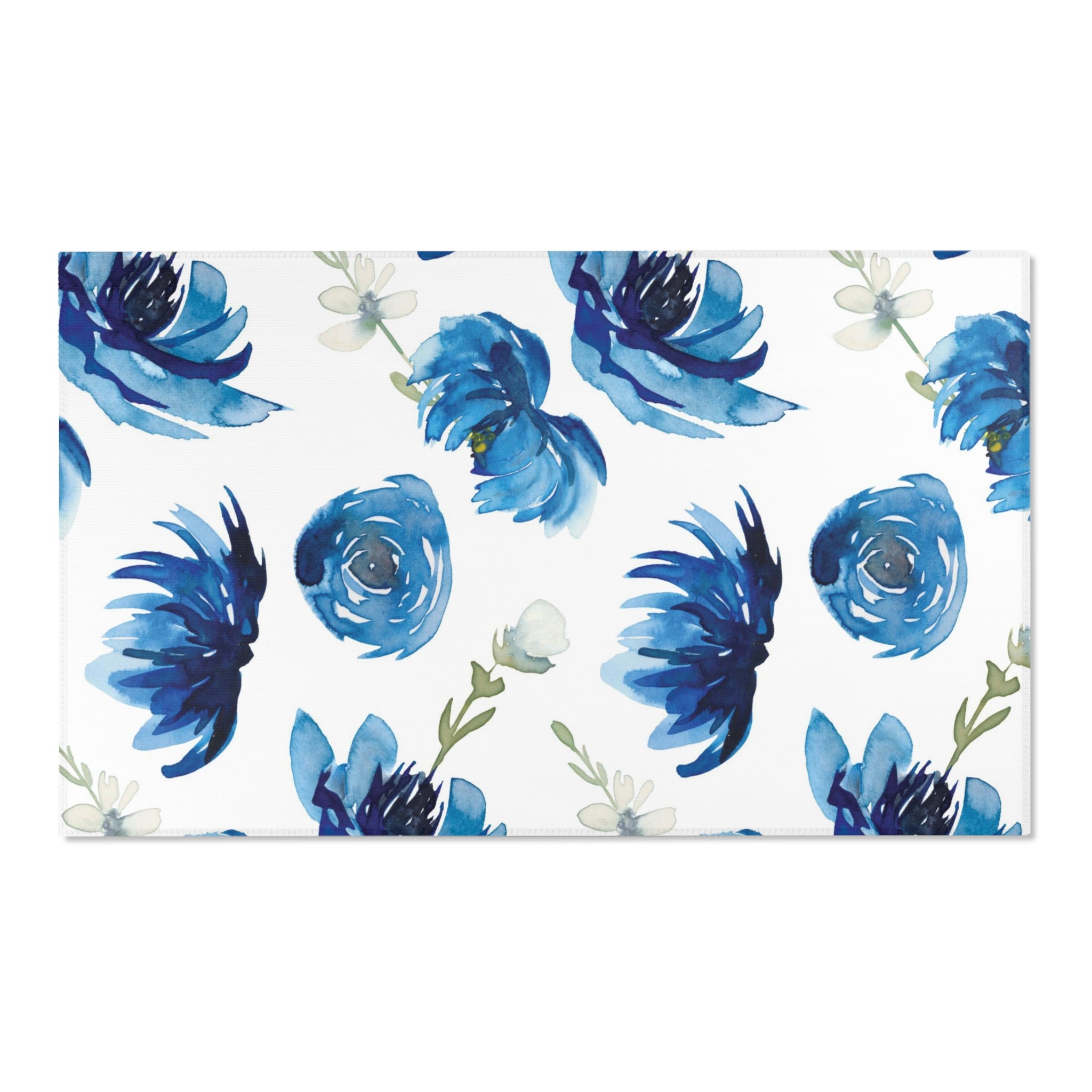 Floral Area Rug | White Indigo Blue Roses Watercolor